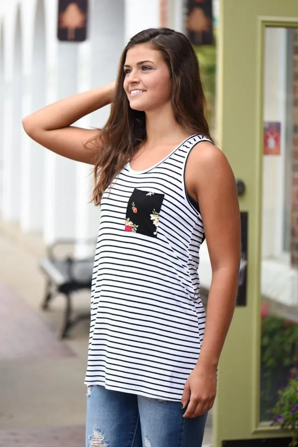 Striped Floral Bow Tank ~ Ivory