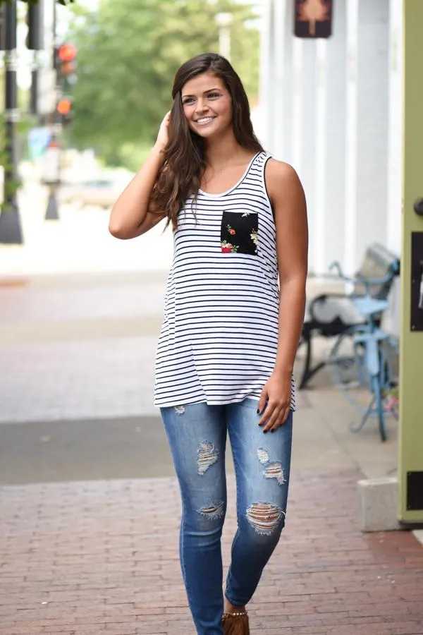 Striped Floral Bow Tank ~ Ivory