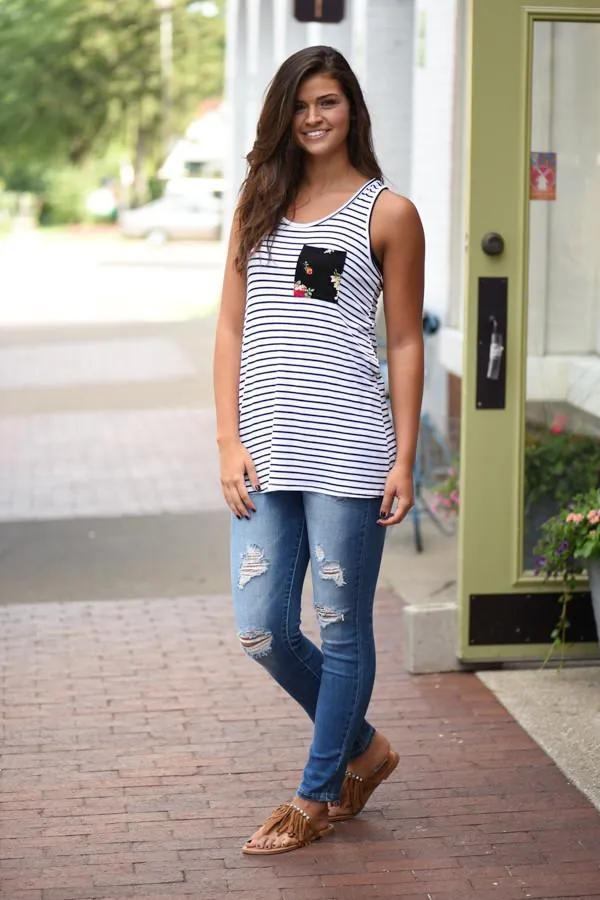 Striped Floral Bow Tank ~ Ivory