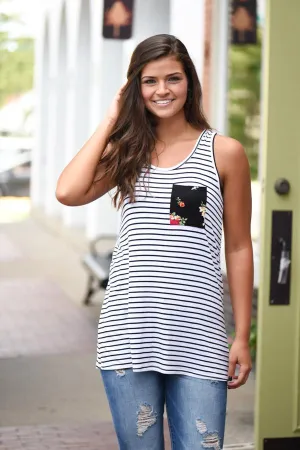 Striped Floral Bow Tank ~ Ivory
