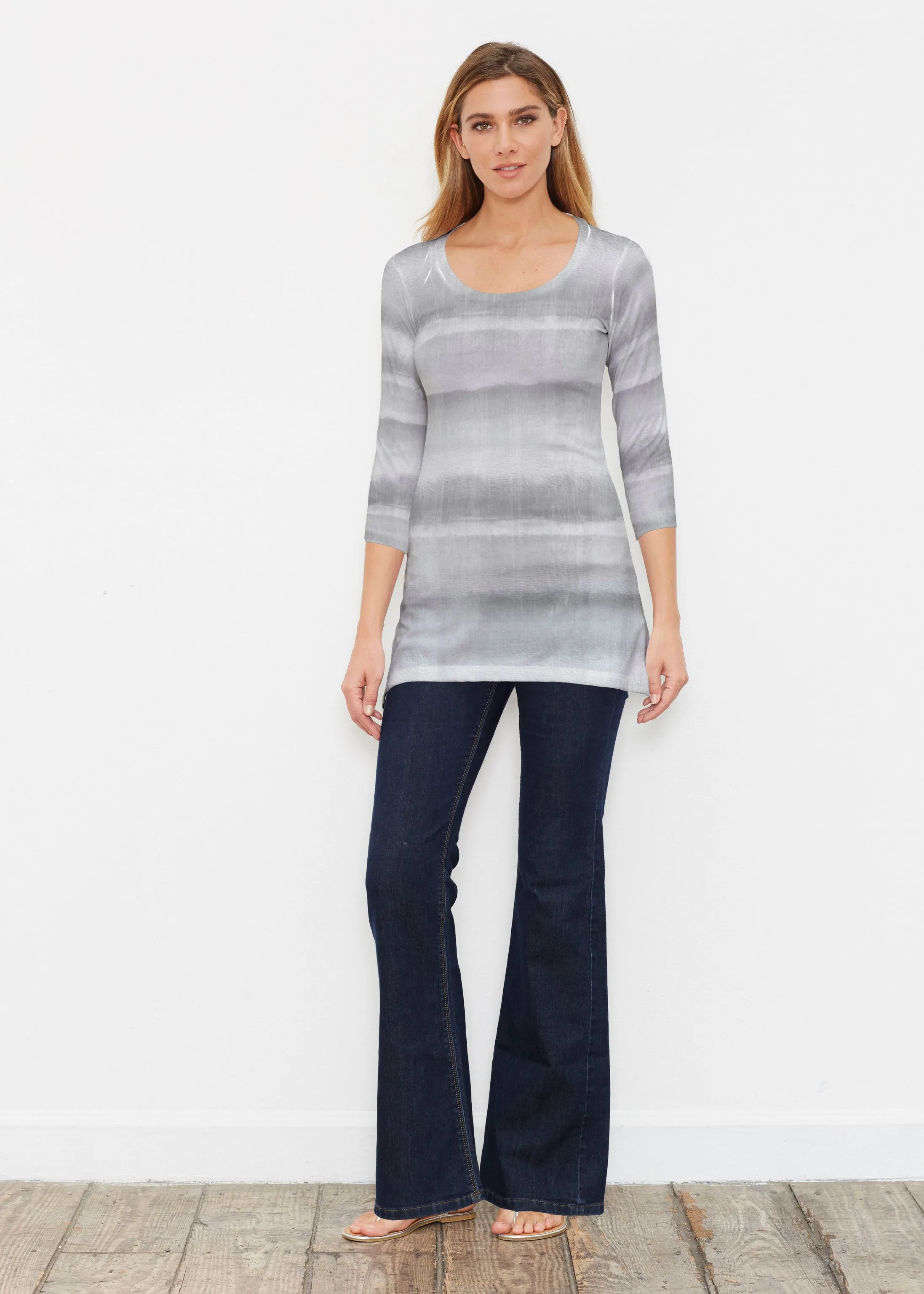 Striped Watercolor Grey (25034) ~ Buttersoft 3/4 Sleeve Tunic