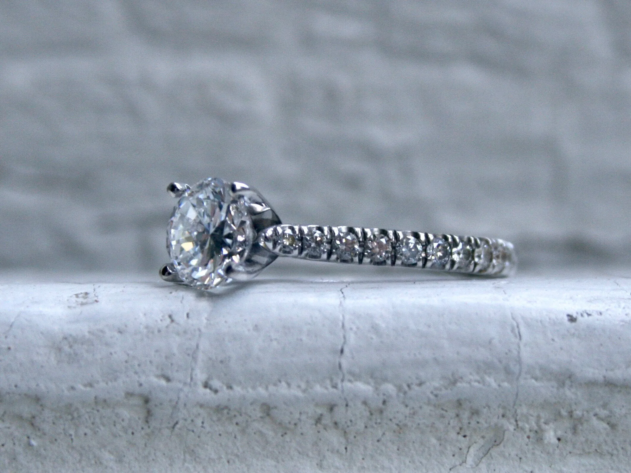 Stunning Simple Vintage 18K White Gold Micro Pave Diamond Ring Engagement Ring - 1.62ct.