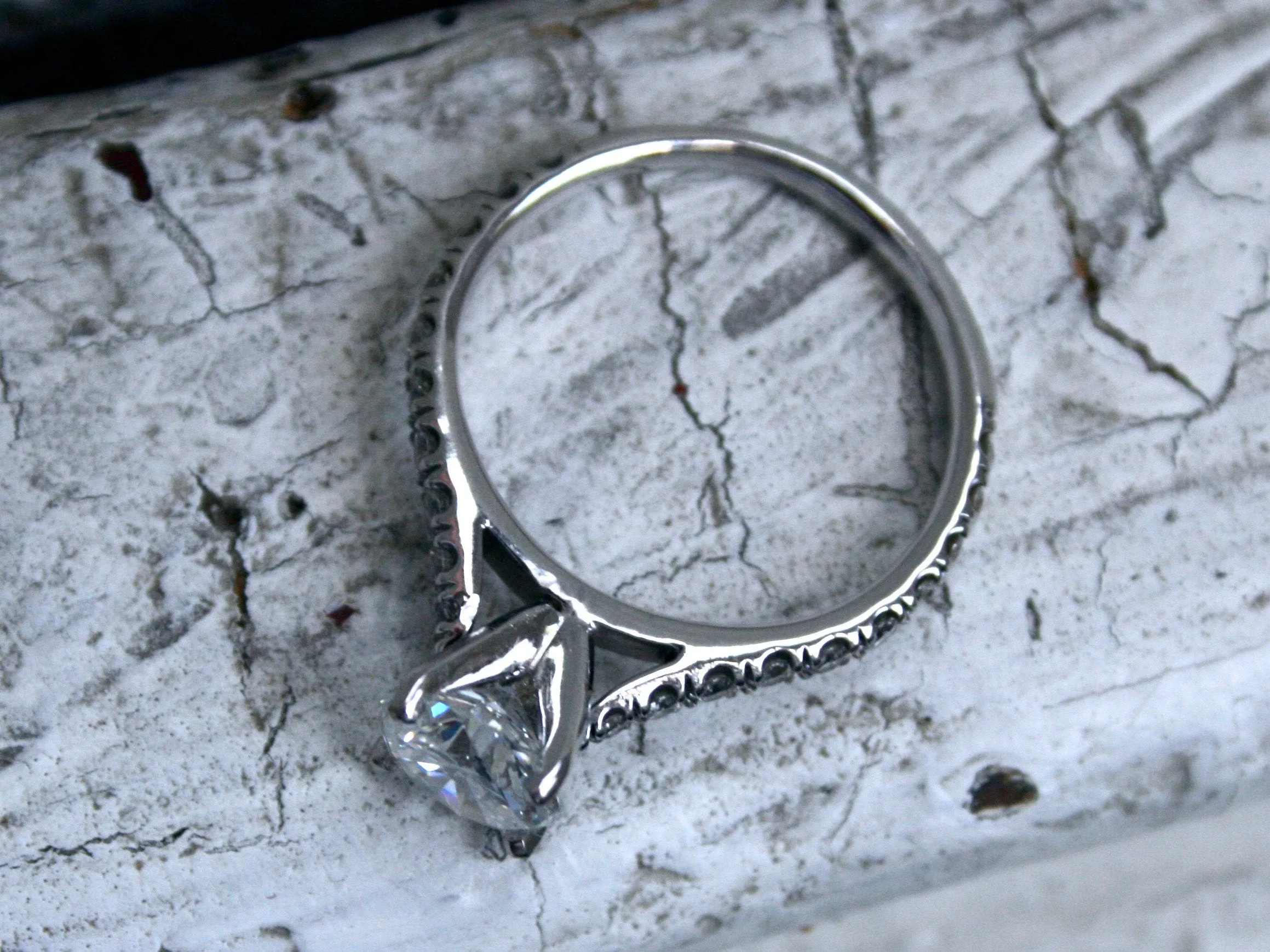 Stunning Simple Vintage 18K White Gold Micro Pave Diamond Ring Engagement Ring - 1.62ct.