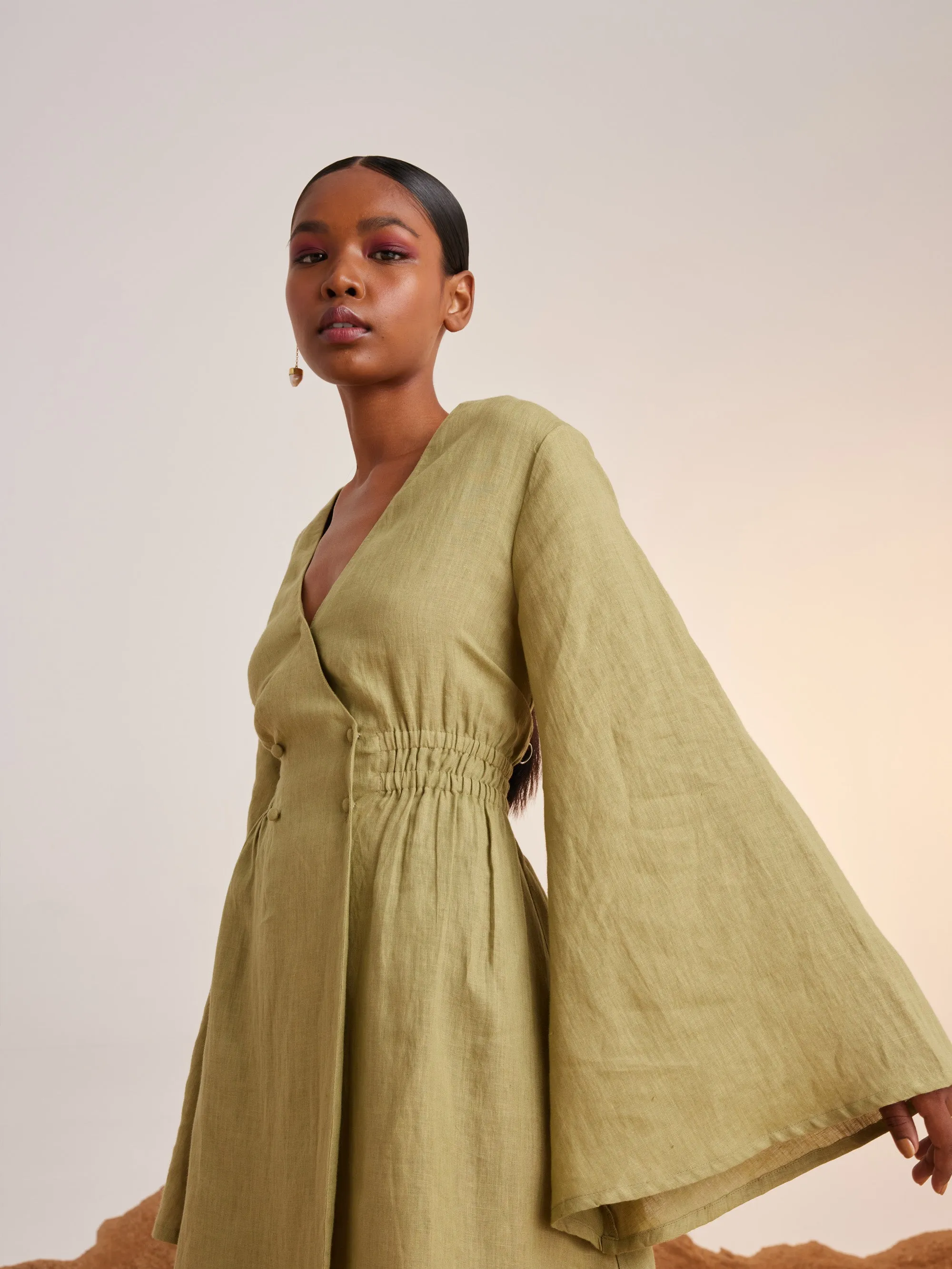 Summer Dress Bell Sleeves-Macha-Linen-Ss25-Bsd-Mch-Cord
