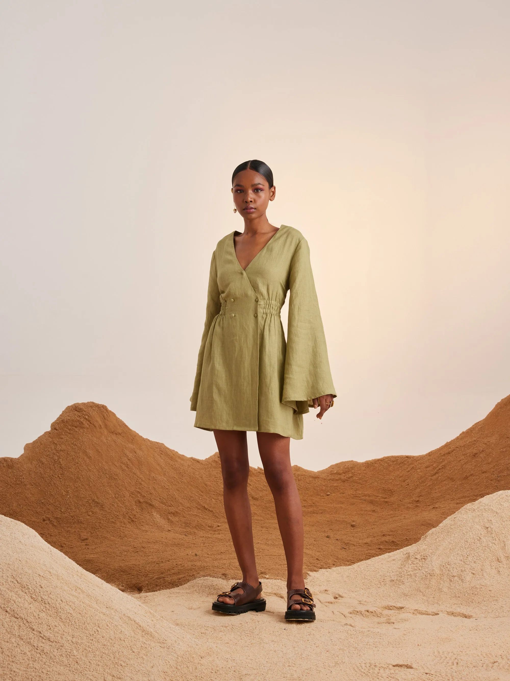 Summer Dress Bell Sleeves-Macha-Linen-Ss25-Bsd-Mch-Cord