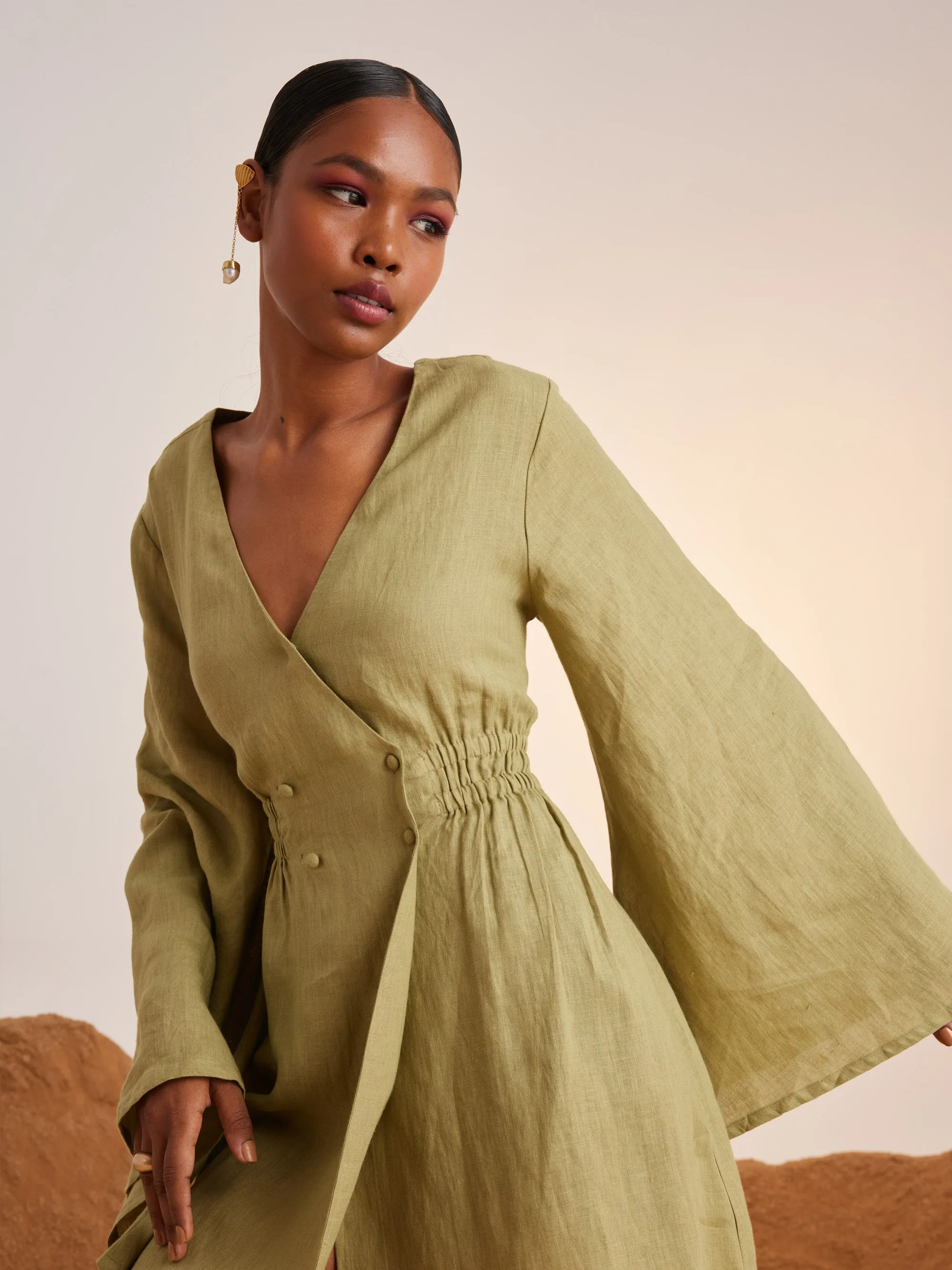 Summer Dress Bell Sleeves-Macha-Linen-Ss25-Bsd-Mch-Cord
