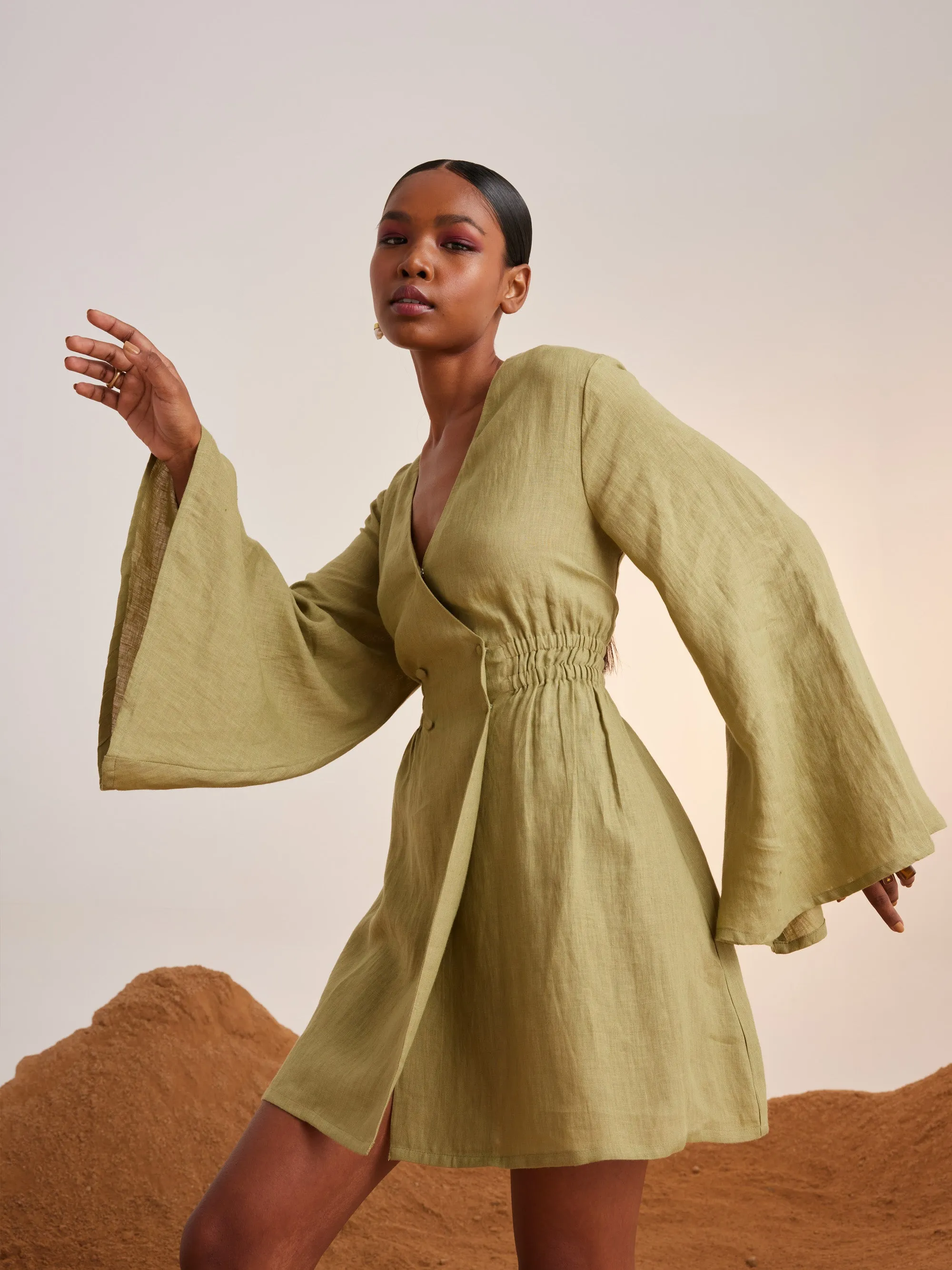 Summer Dress Bell Sleeves-Macha-Linen-Ss25-Bsd-Mch-Cord