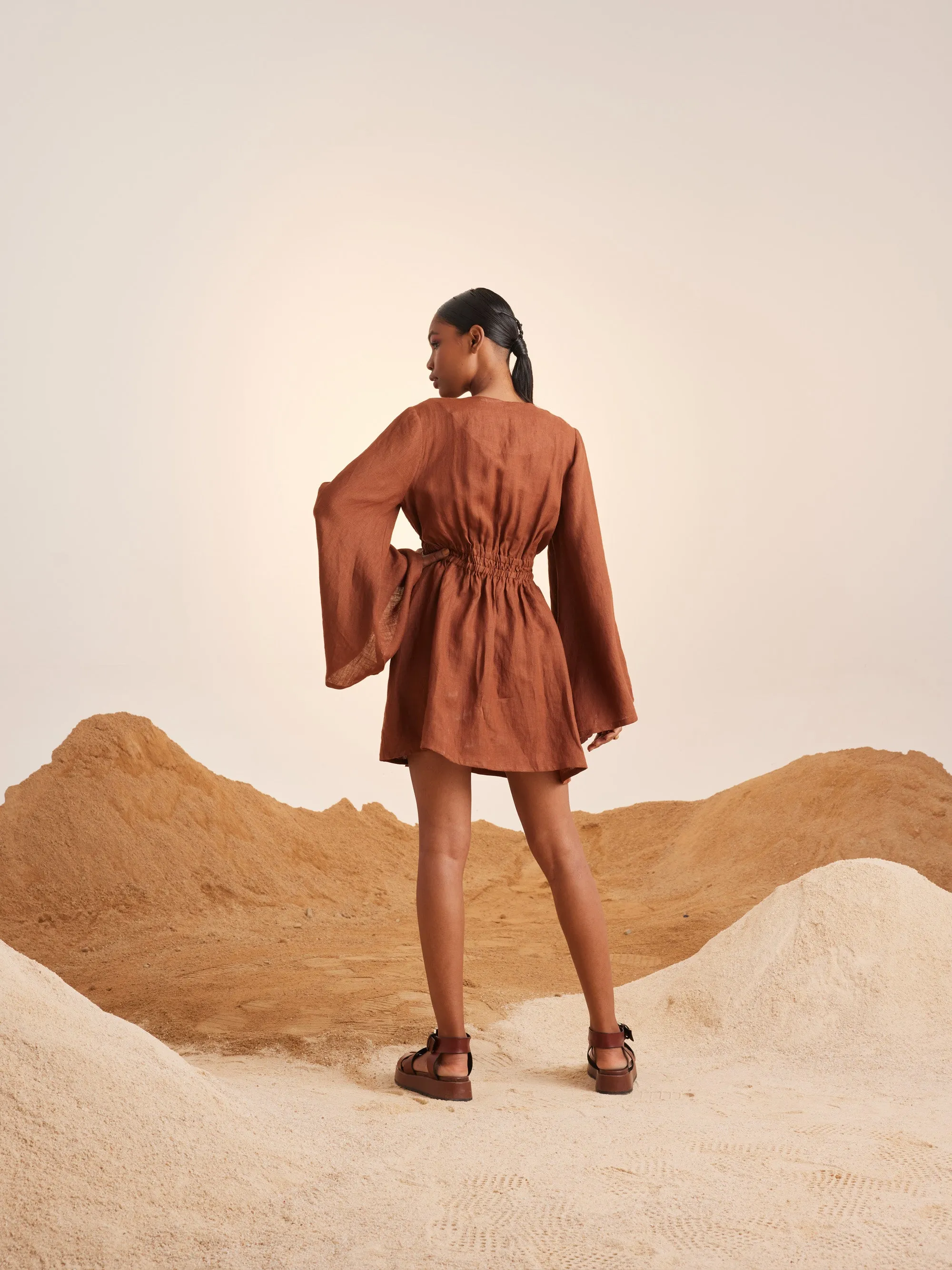 Summer Dress Bell Sleeves-Rust-Linen-Ss25-Bsd-Rst-Cord