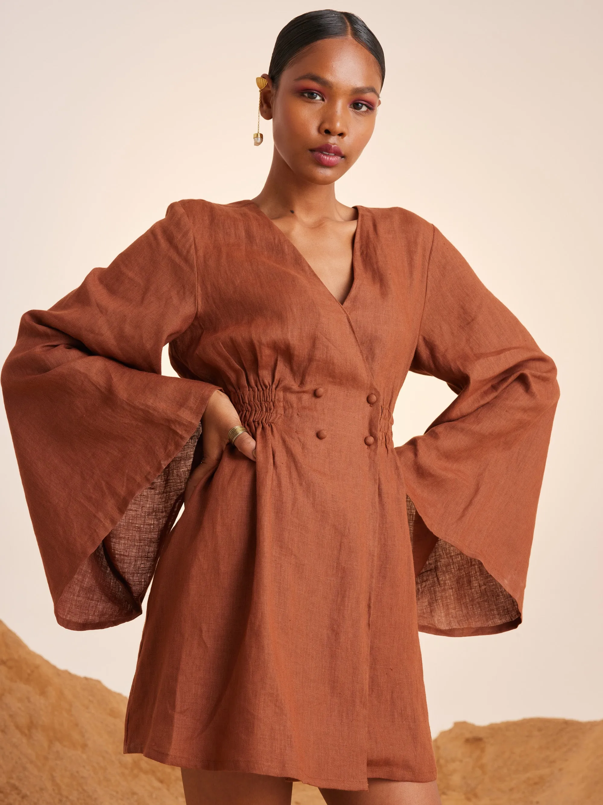 Summer Dress Bell Sleeves-Rust-Linen-Ss25-Bsd-Rst-Cord