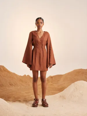 Summer Dress Bell Sleeves-Rust-Linen-Ss25-Bsd-Rst-Cord