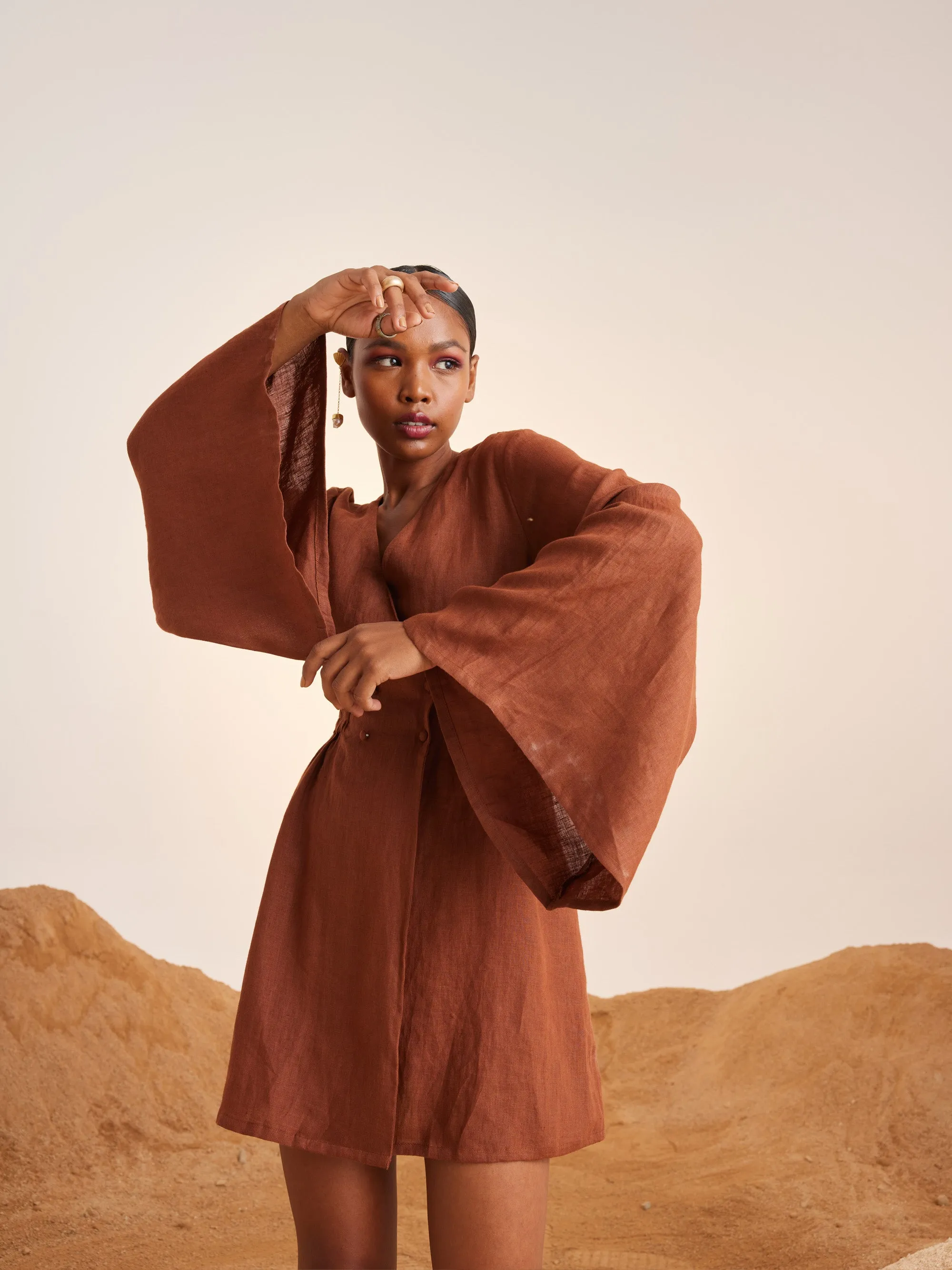 Summer Dress Bell Sleeves-Rust-Linen-Ss25-Bsd-Rst-Cord