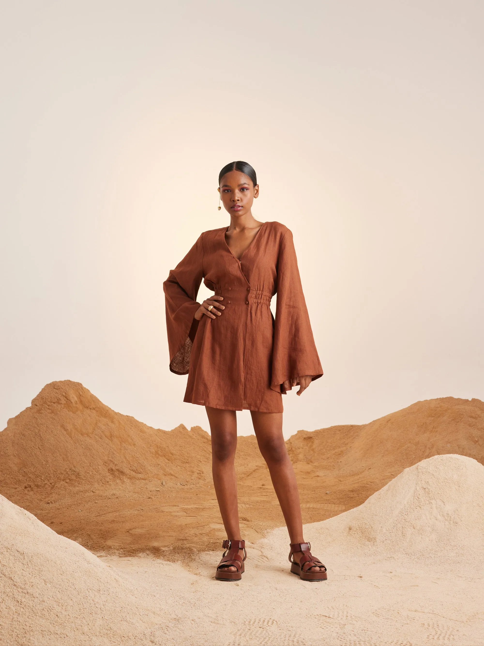 Summer Dress Bell Sleeves-Rust-Linen-Ss25-Bsd-Rst-Cord