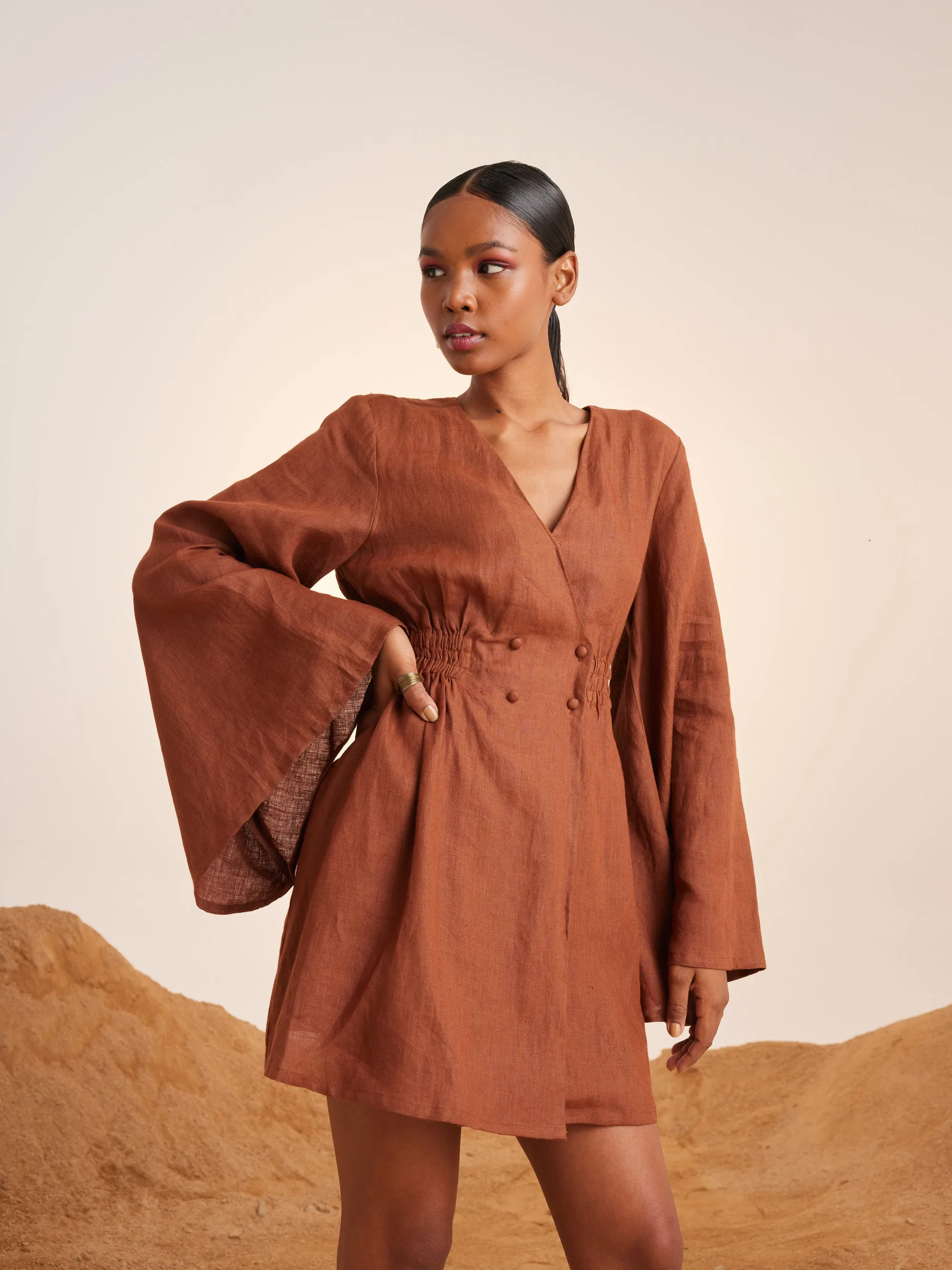 Summer Dress Bell Sleeves-Rust-Linen-Ss25-Bsd-Rst-Cord