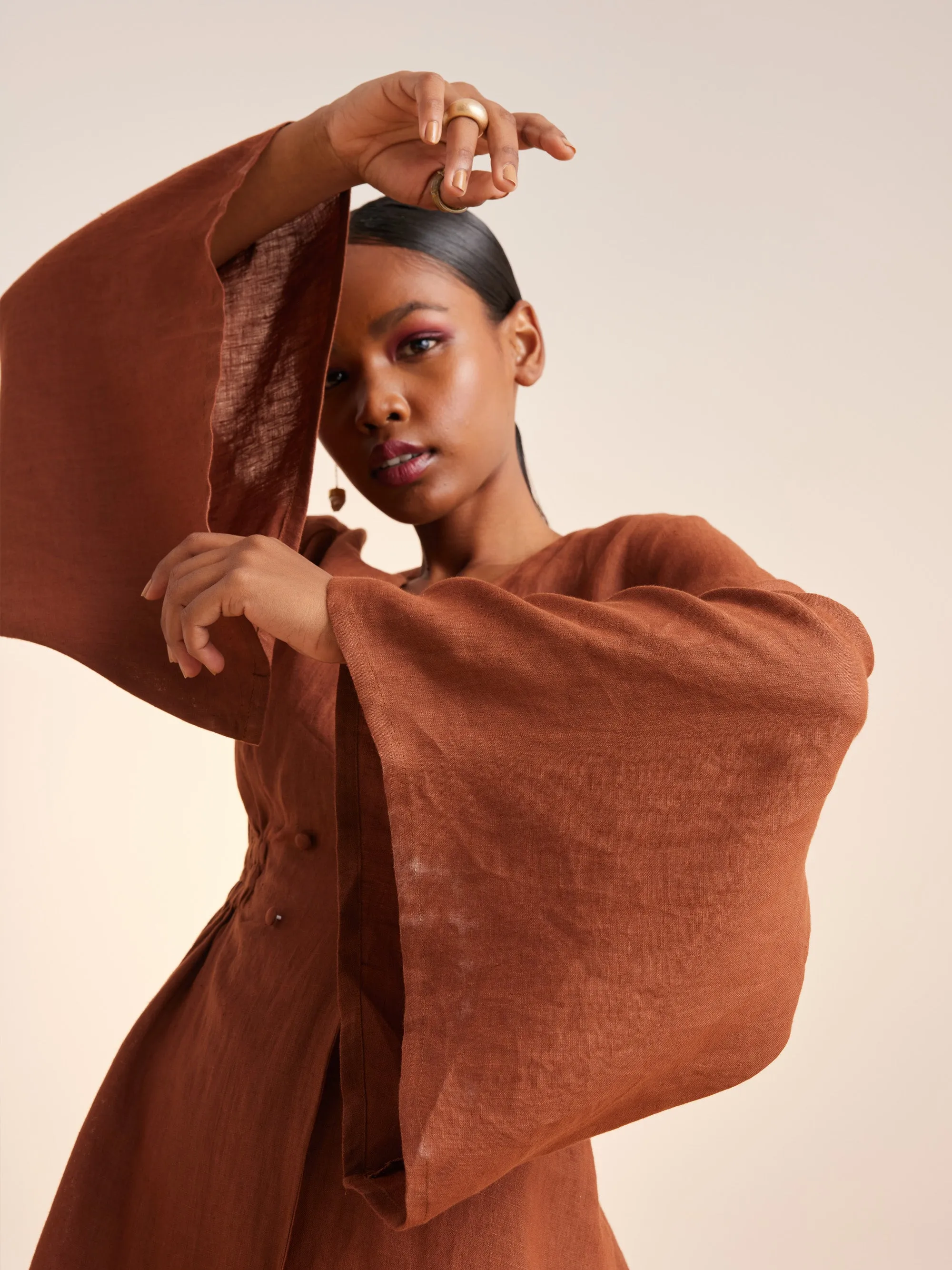 Summer Dress Bell Sleeves-Rust-Linen-Ss25-Bsd-Rst-Cord