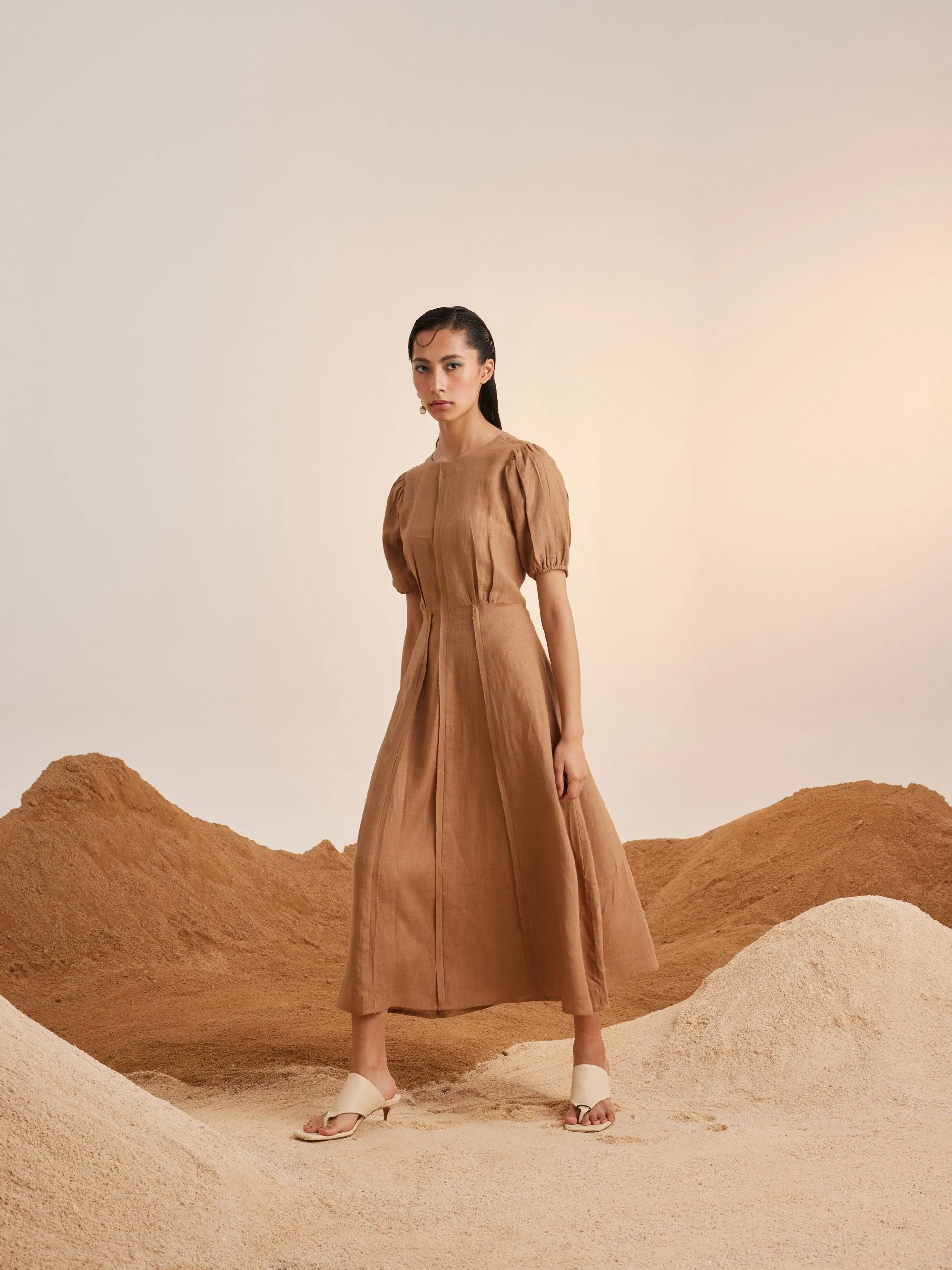 Summer Dress Panelled-Sand-Linen-Ss25-Pd-Sand-Cord