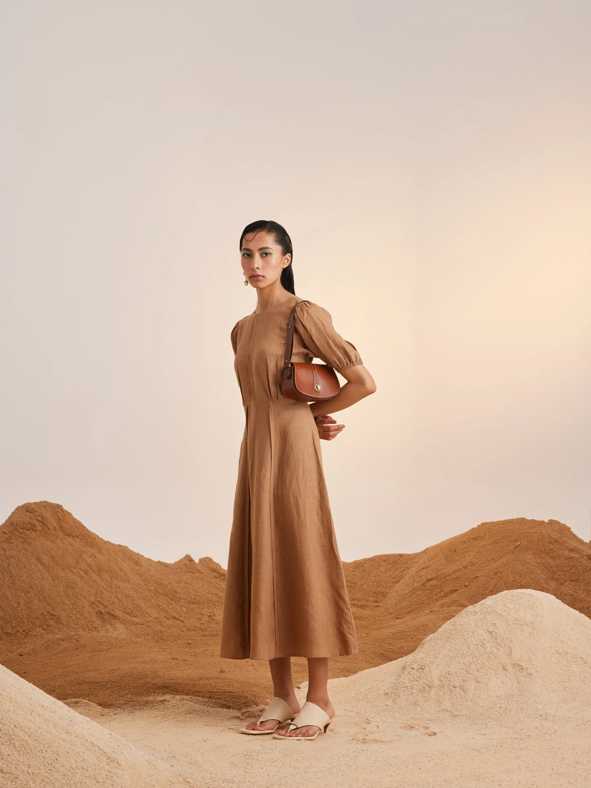 Summer Dress Panelled-Sand-Linen-Ss25-Pd-Sand-Cord