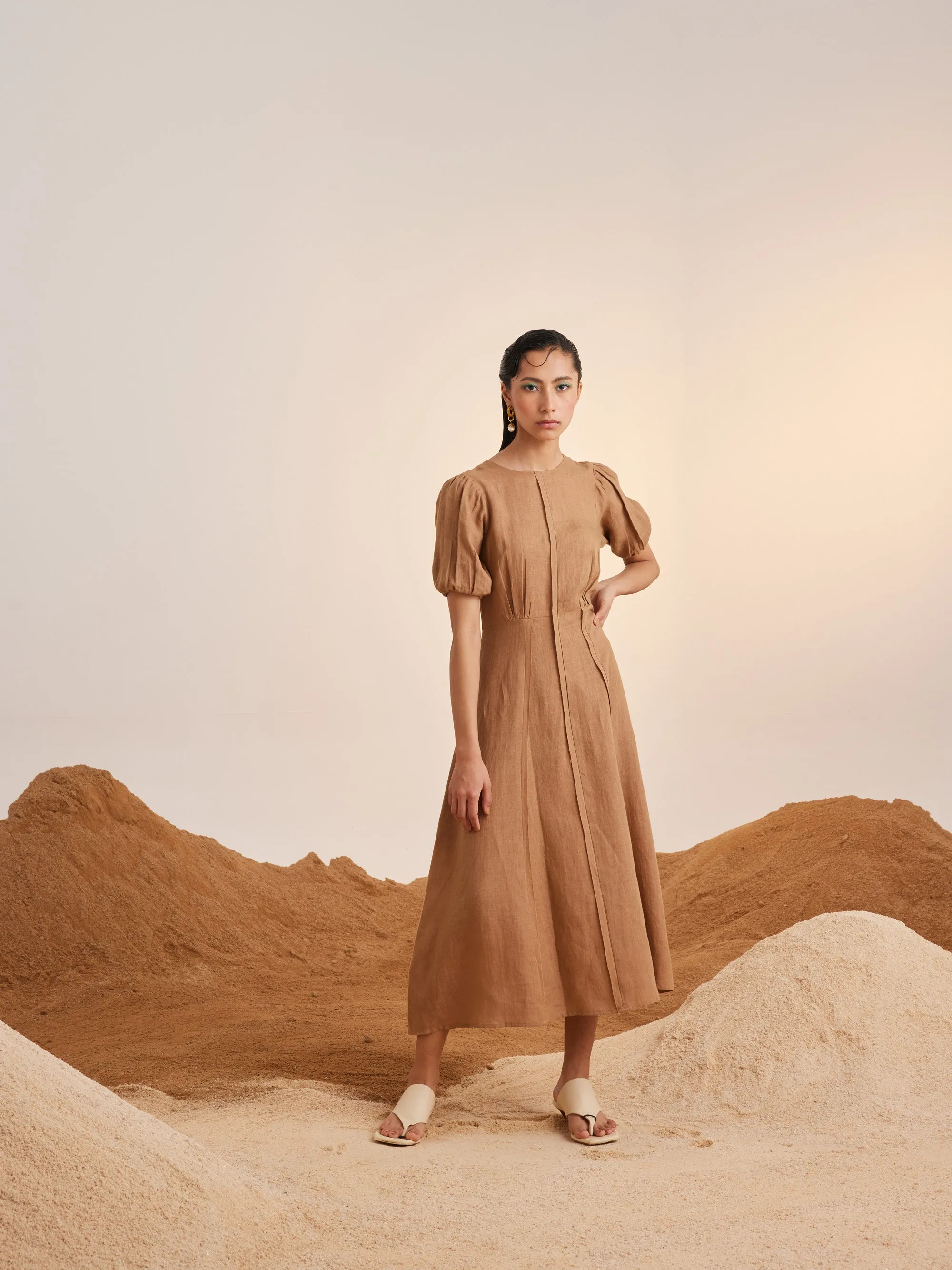 Summer Dress Panelled-Sand-Linen-Ss25-Pd-Sand-Cord