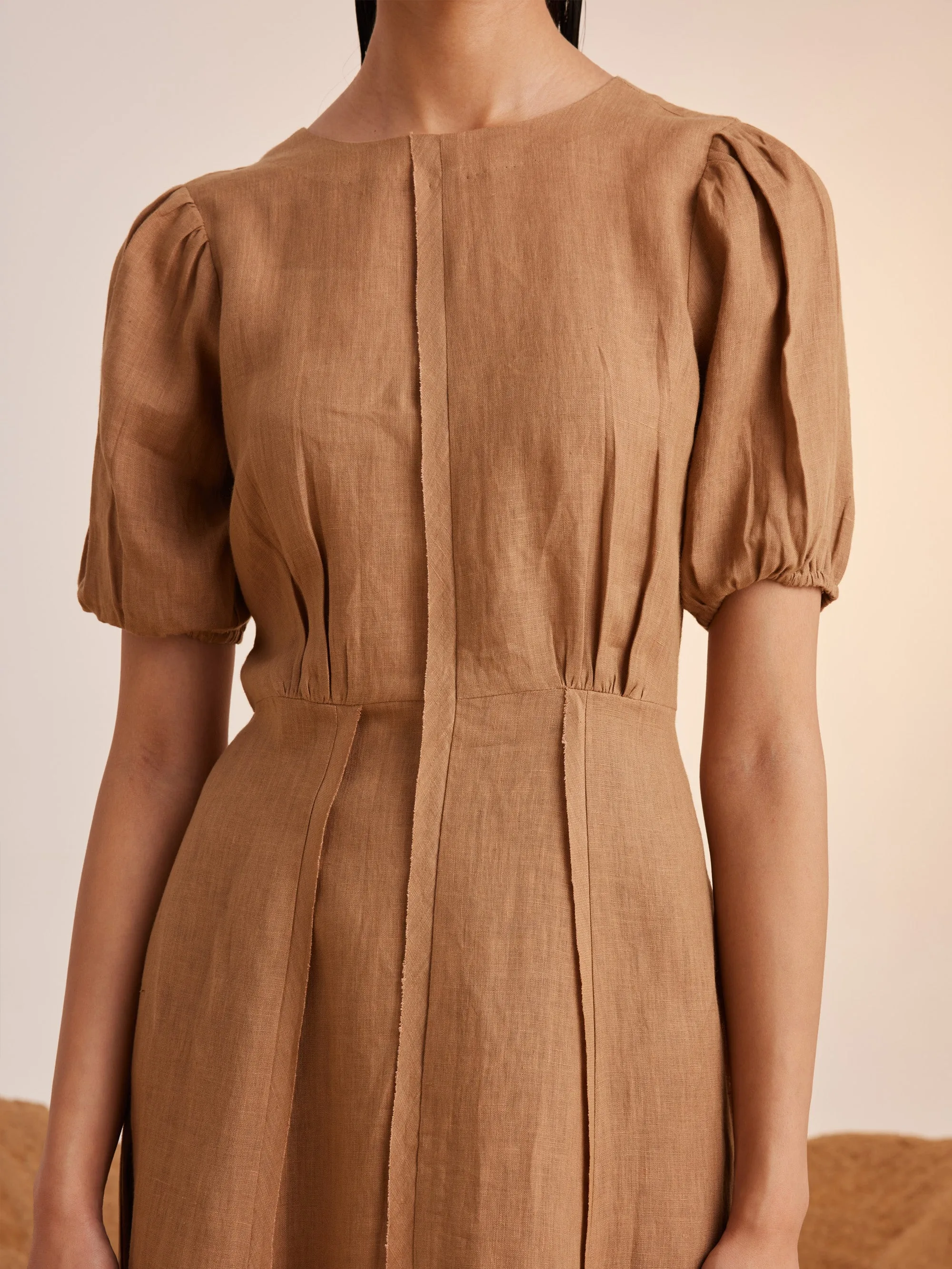 Summer Dress Panelled-Sand-Linen-Ss25-Pd-Sand-Cord