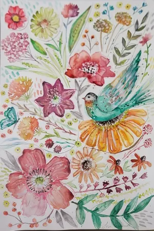 Teal Bird Amongst a Burst of Blooms