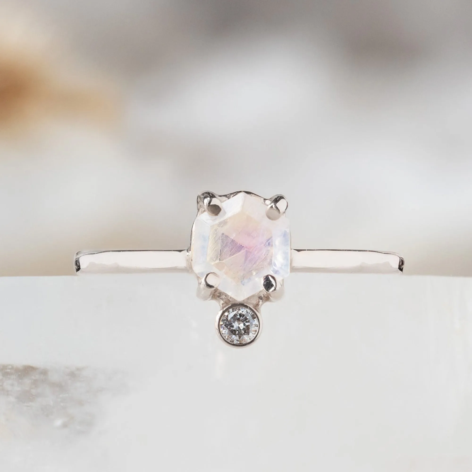 The Hexagon Moonstone   Diamond Ring | Sterling Silver