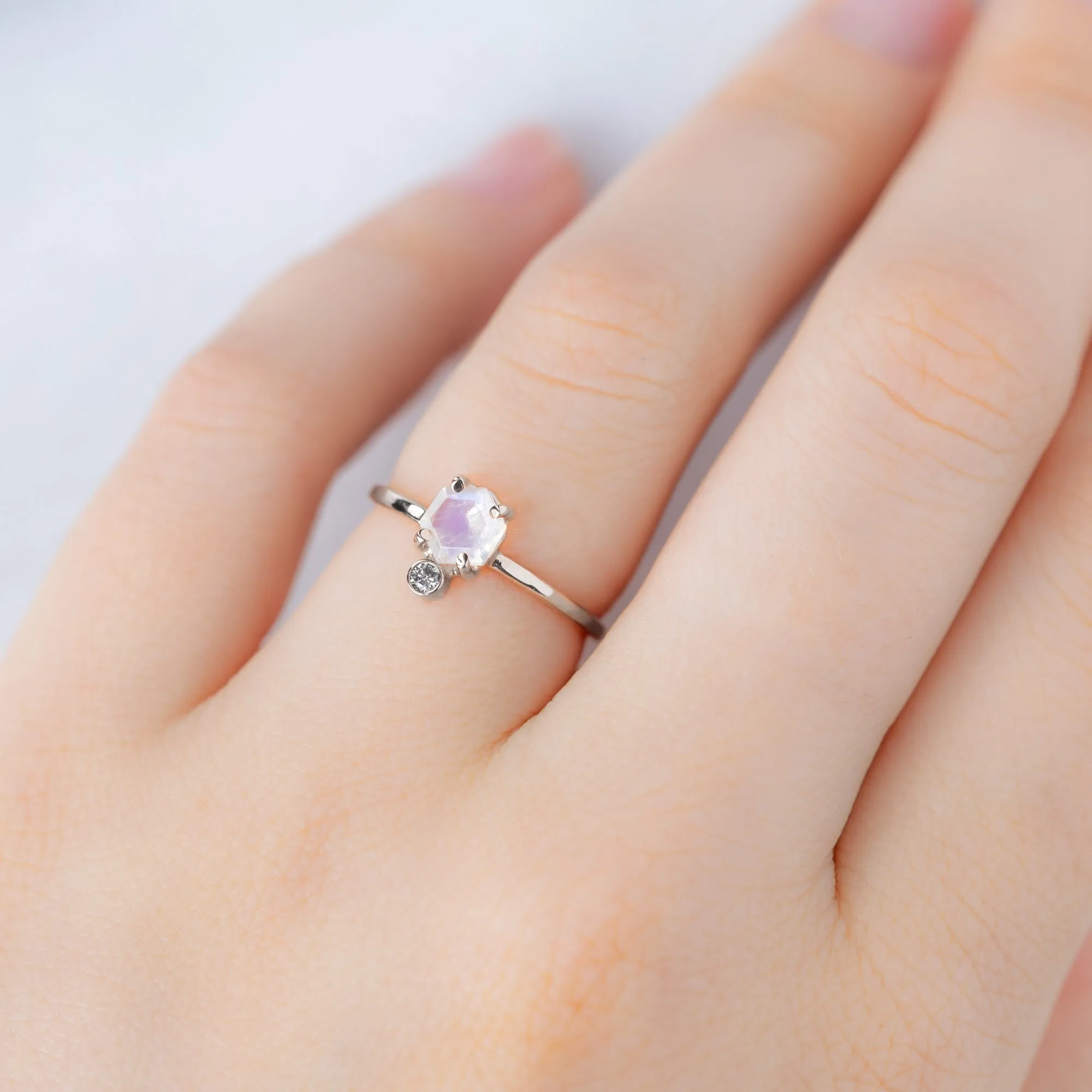 The Hexagon Moonstone   Diamond Ring | Sterling Silver