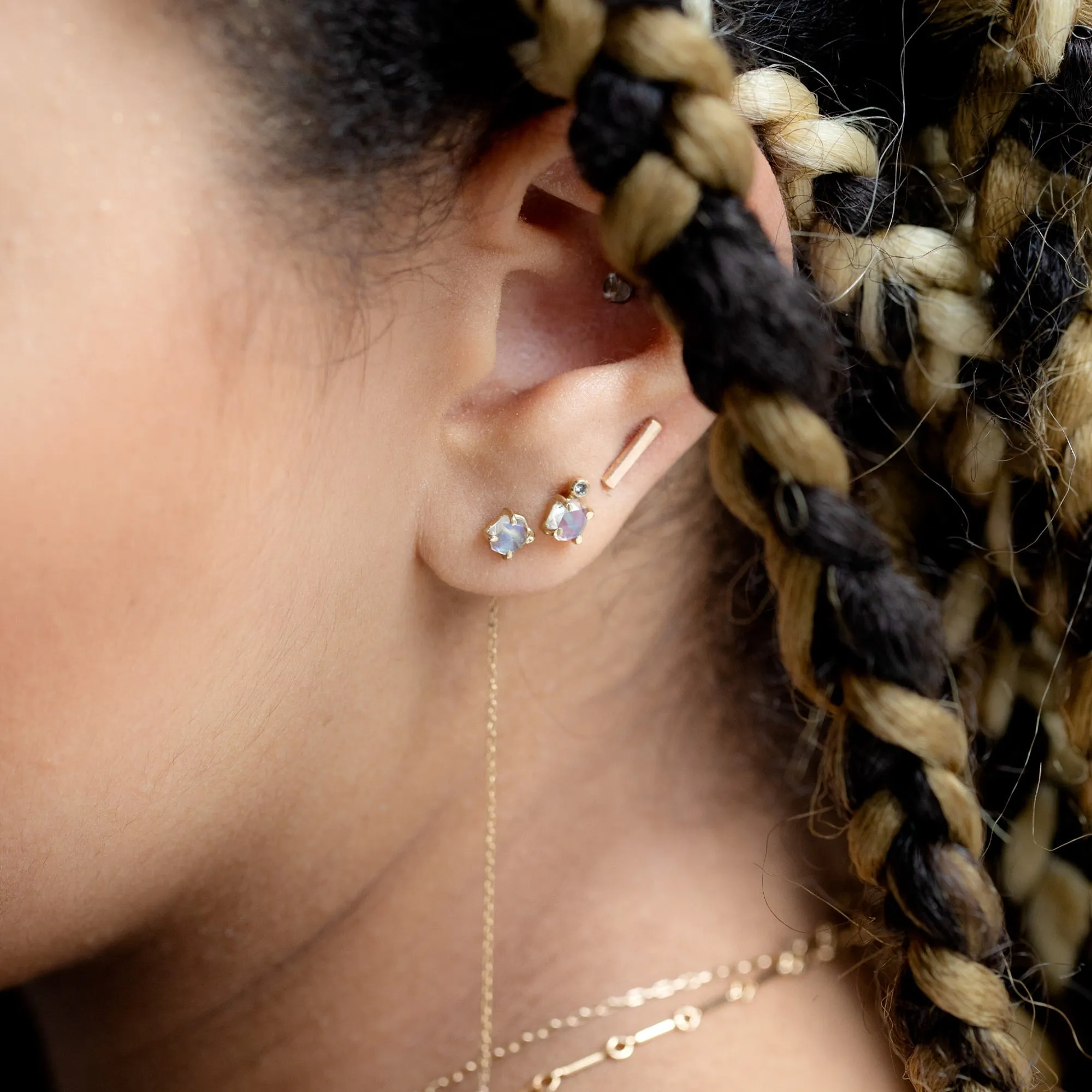 The Hexagon Moonstone   Diamond Stud Earrings | 14K Yellow Gold
