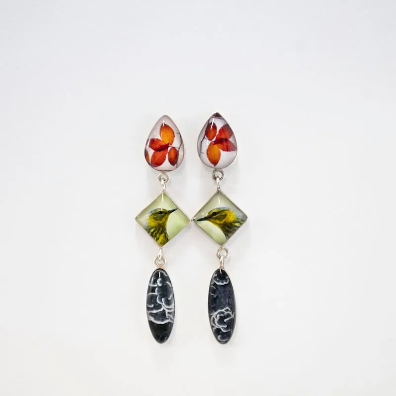 Three Tiered Warbler Nature Earrings in Resin & Sterling Silver