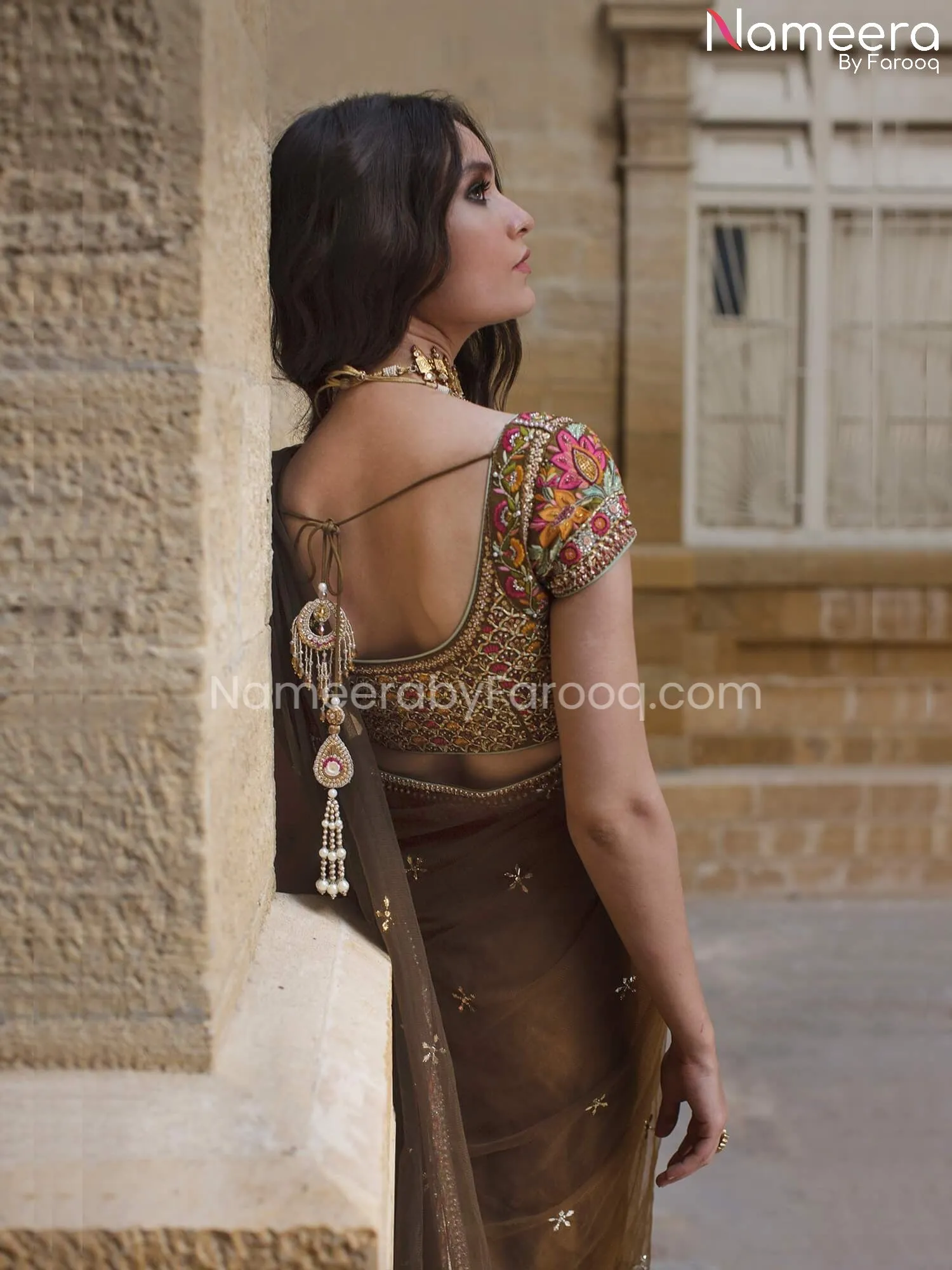 Traditional Bridal Net Saree in Olive Color #BS188