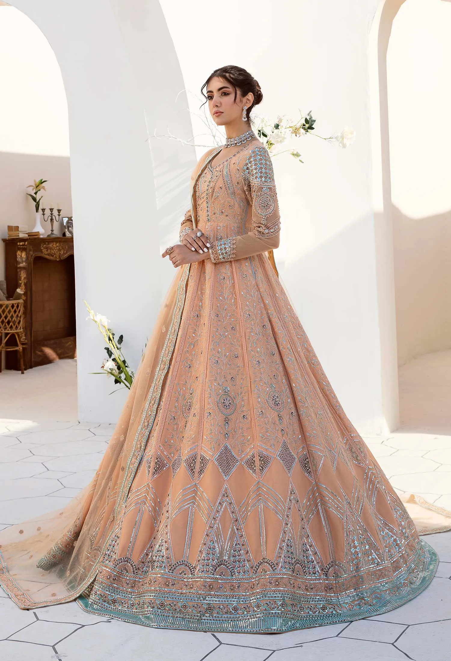 Traditional Pishwas Frock Peach Pakistani Wedding Dress