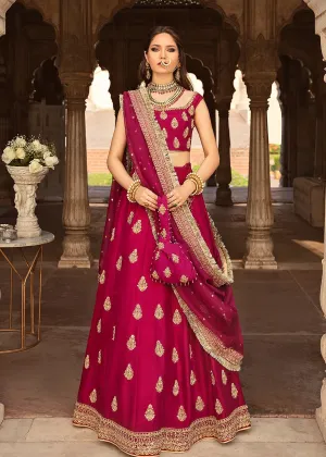 Traditional Plum Colored Pakistani Bridal Dress in Lehenga Choli Design with Dupatta Anarkali Dress in Korean Silk Fabric #BS632