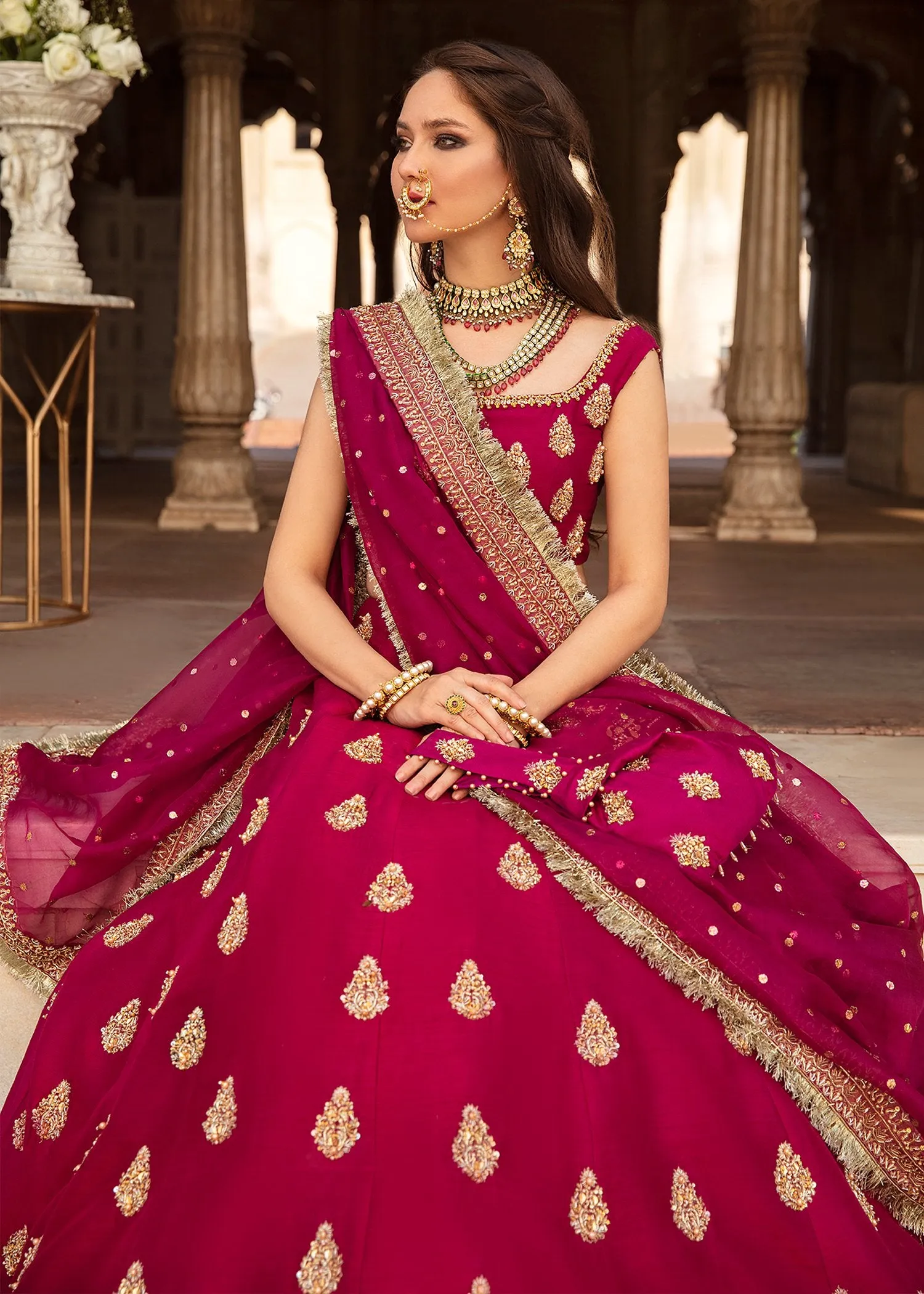 Traditional Plum Colored Pakistani Bridal Dress in Lehenga Choli Design with Dupatta Anarkali Dress in Korean Silk Fabric #BS632