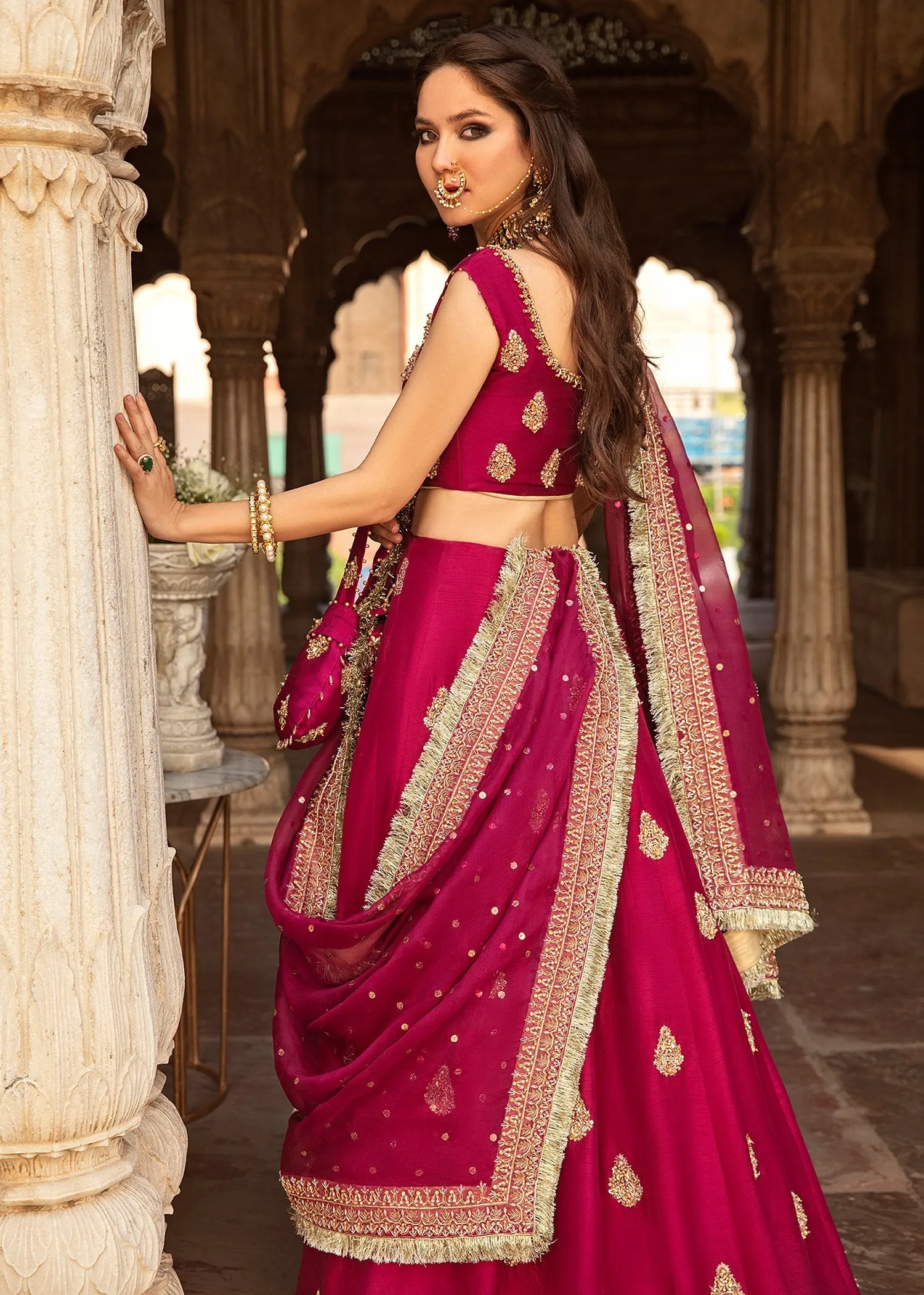 Traditional Plum Colored Pakistani Bridal Dress in Lehenga Choli Design with Dupatta Anarkali Dress in Korean Silk Fabric #BS632