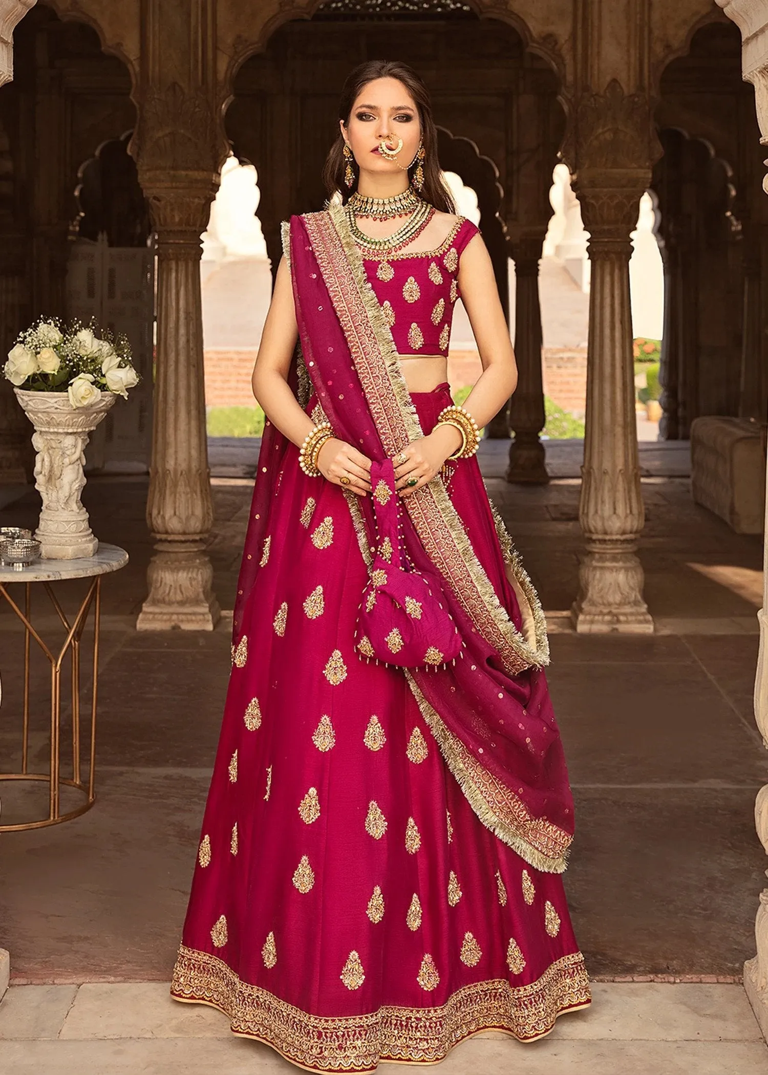 Traditional Plum Colored Pakistani Bridal Dress in Lehenga Choli Design with Dupatta Anarkali Dress in Korean Silk Fabric #BS632