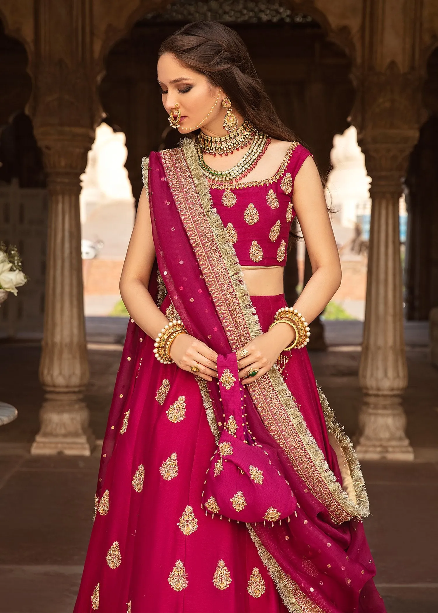 Traditional Plum Colored Pakistani Bridal Dress in Lehenga Choli Design with Dupatta Anarkali Dress in Korean Silk Fabric #BS632