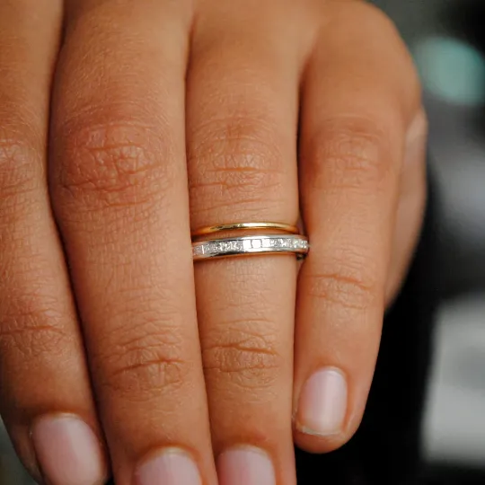 Two Ring Stacking Wedding Bands Set, Princess Cut Diamond Channel Set Ring with Thin Stackable Solid Gold Band