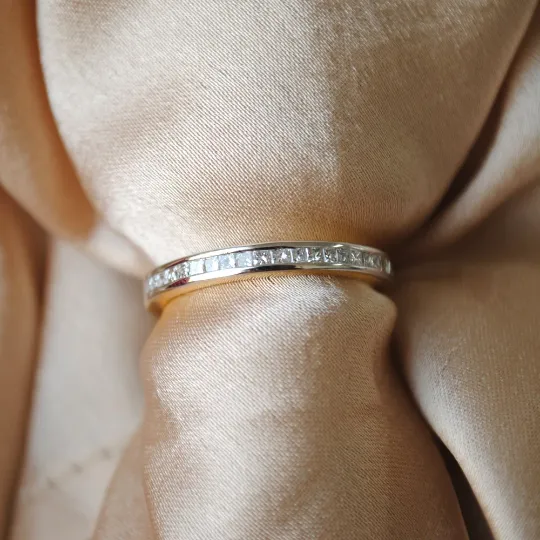 Two Ring Stacking Wedding Bands Set, Princess Cut Diamond Channel Set Ring with Thin Stackable Solid Gold Band