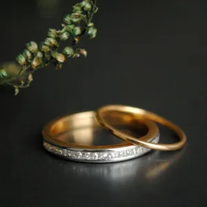 Two Ring Stacking Wedding Bands Set, Princess Cut Diamond Channel Set Ring with Thin Stackable Solid Gold Band