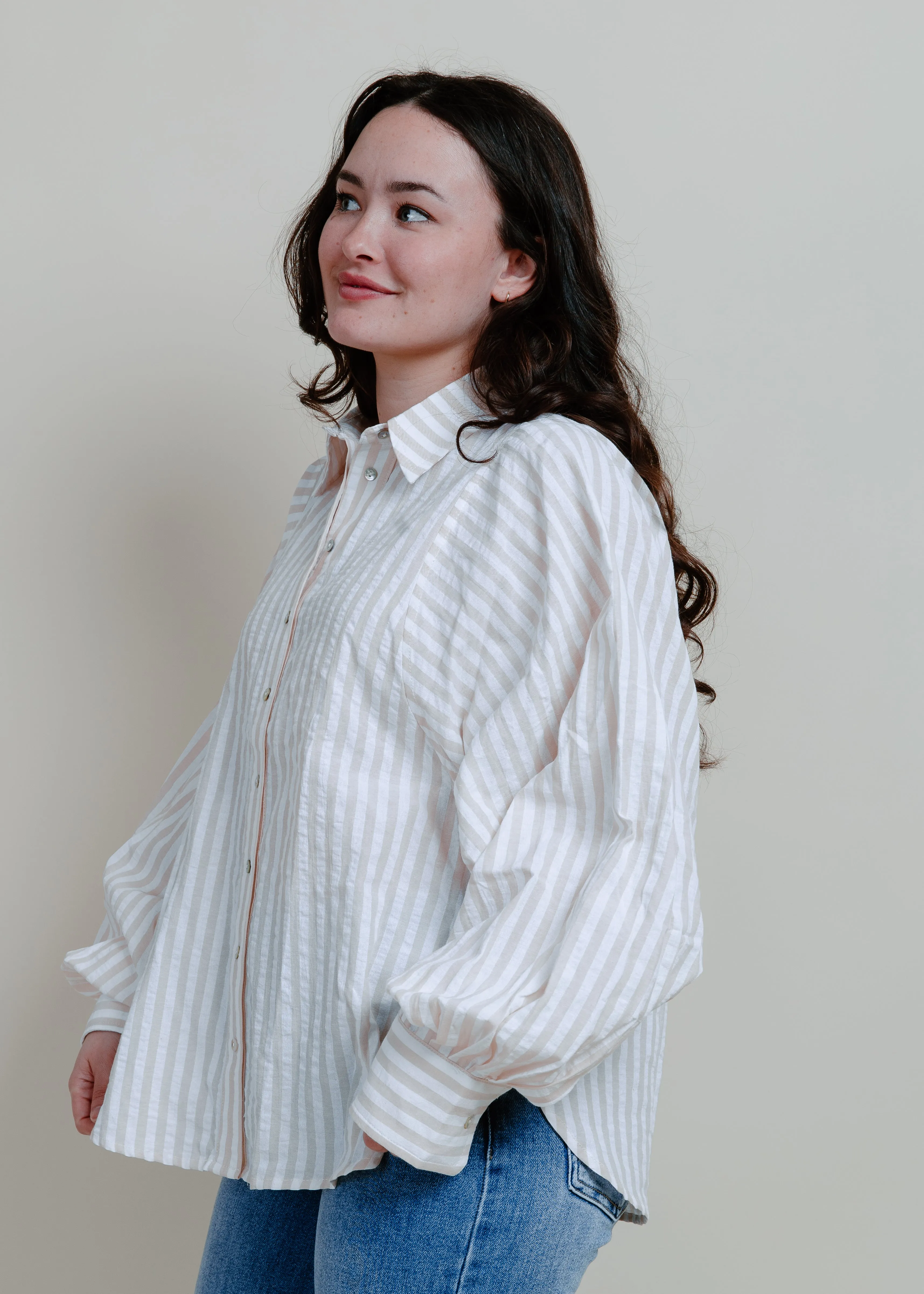 Victoria Striped Button Down - Taupe