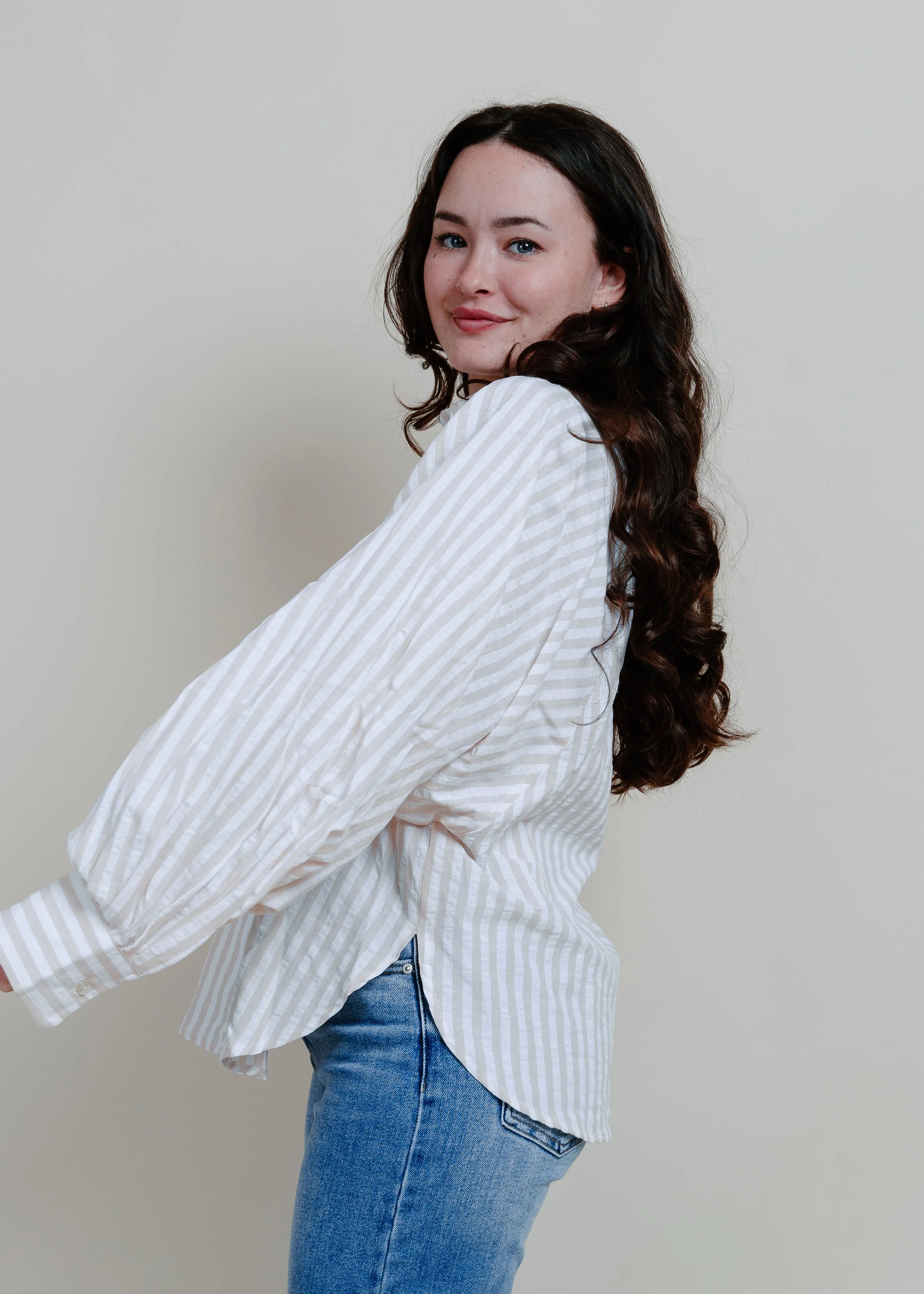 Victoria Striped Button Down - Taupe