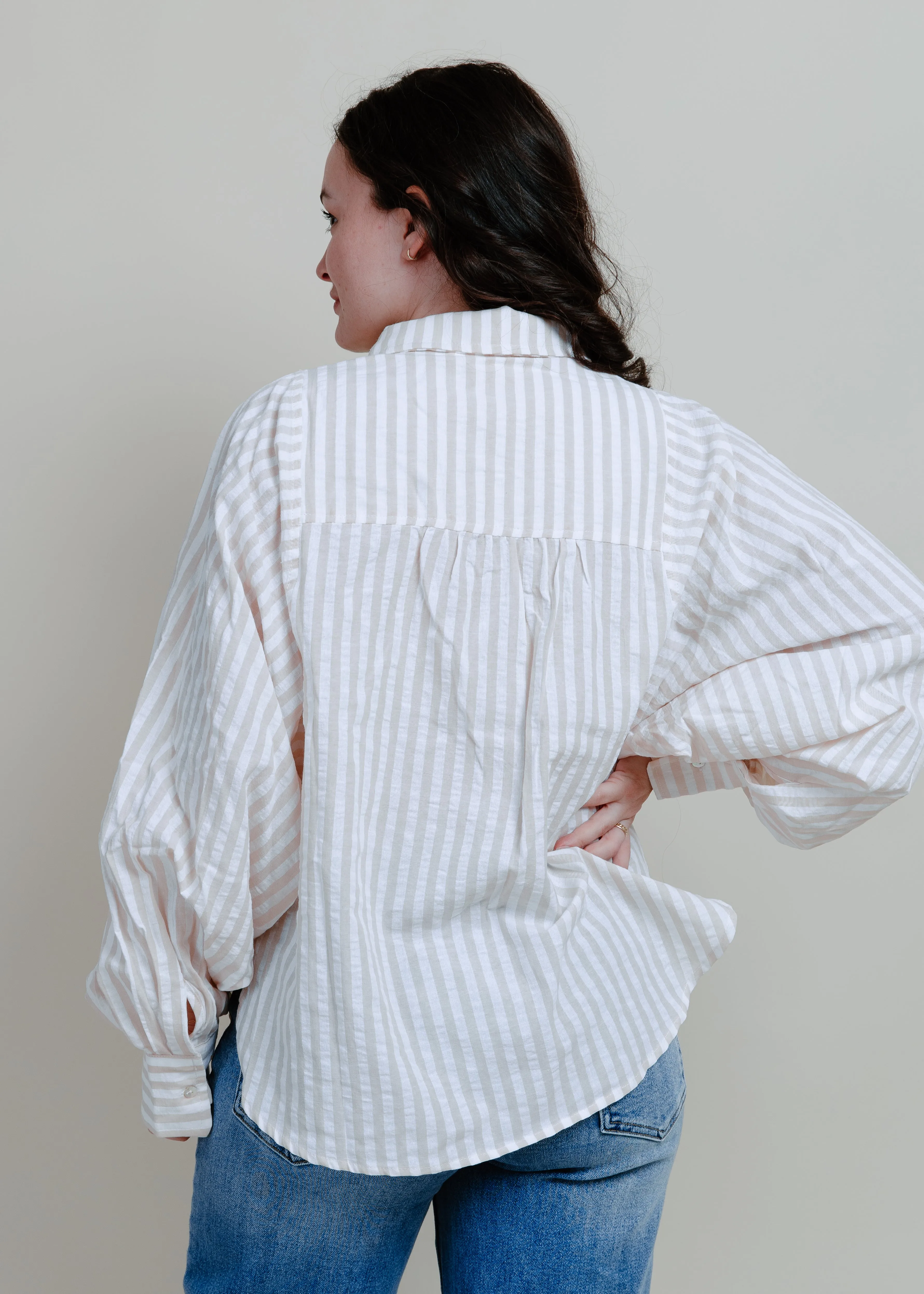 Victoria Striped Button Down - Taupe