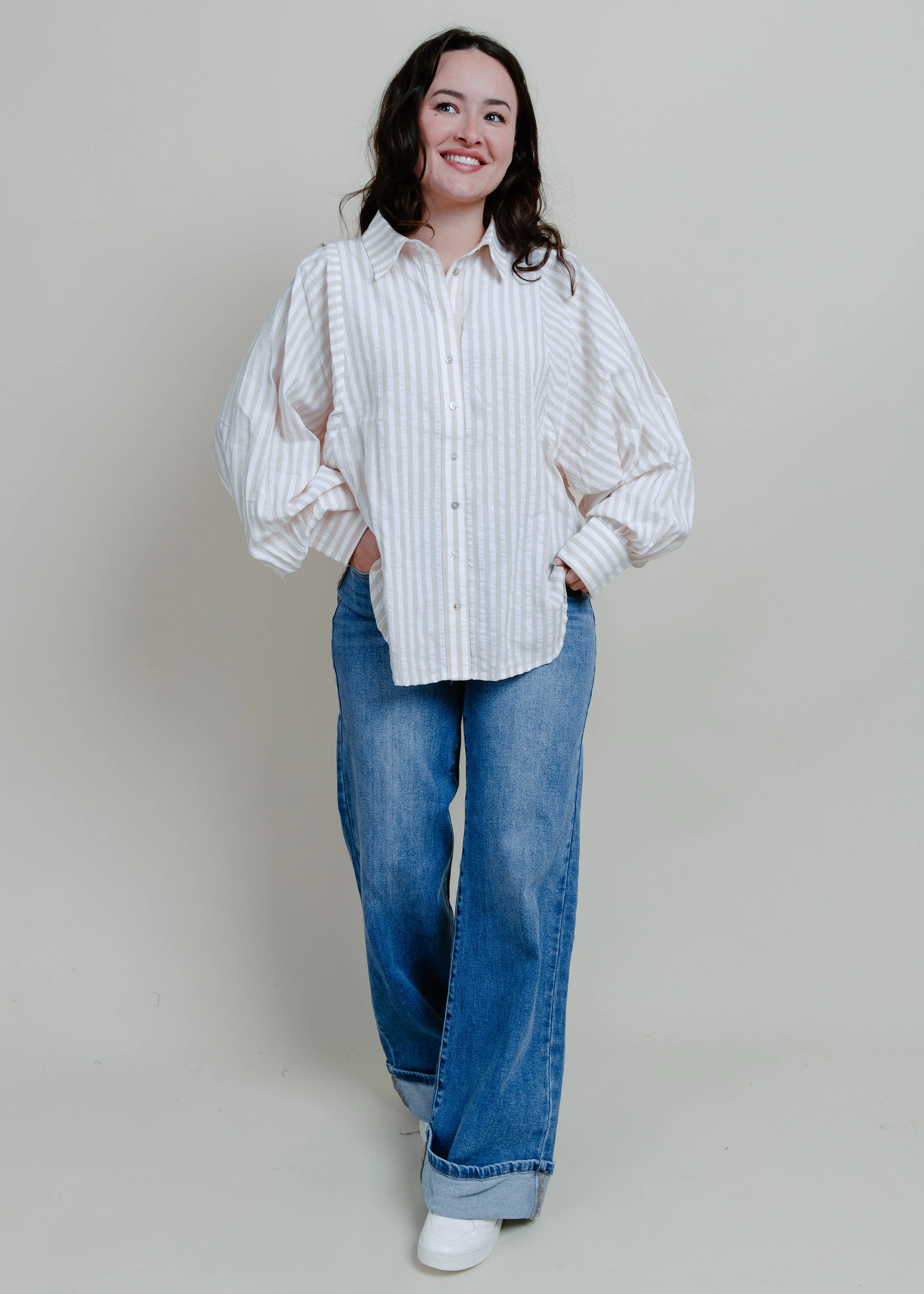 Victoria Striped Button Down - Taupe