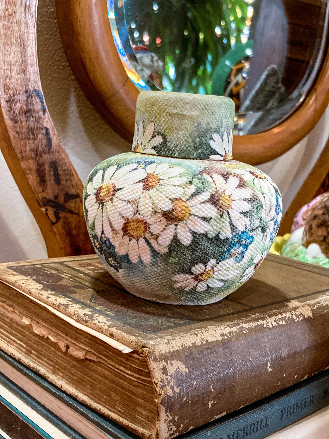 Vintage 1970 Daisy Painted Tapestry Porcelain Lidded Jar Art Pottery