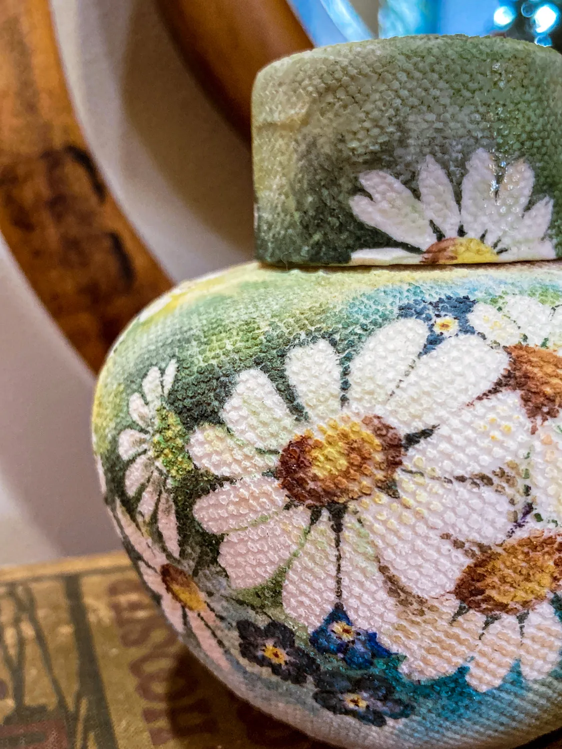 Vintage 1970 Daisy Painted Tapestry Porcelain Lidded Jar Art Pottery