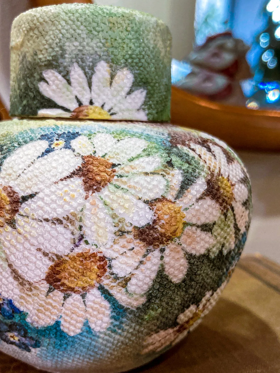 Vintage 1970 Daisy Painted Tapestry Porcelain Lidded Jar Art Pottery