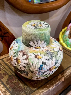 Vintage 1970 Daisy Painted Tapestry Porcelain Lidded Jar Art Pottery