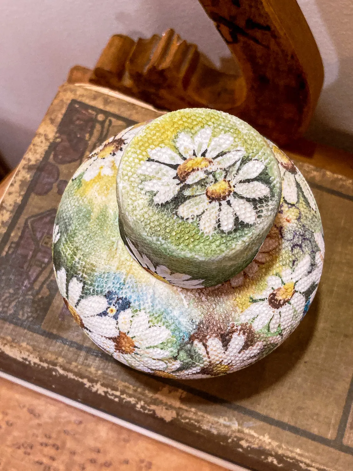 Vintage 1970 Daisy Painted Tapestry Porcelain Lidded Jar Art Pottery