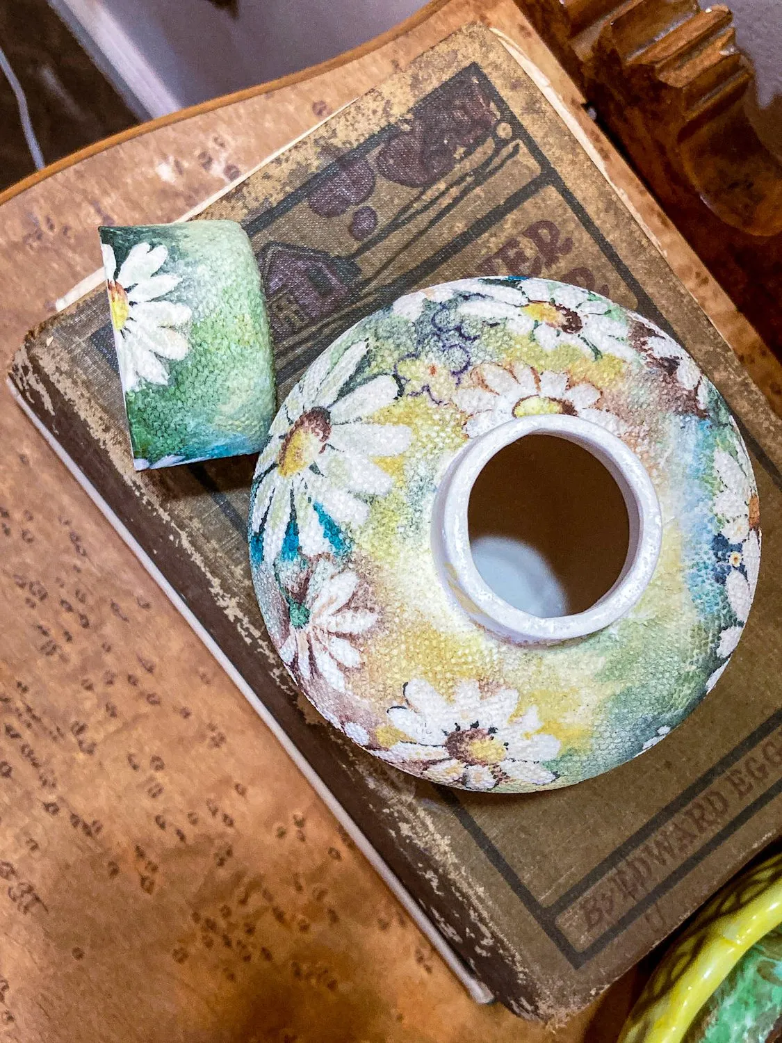 Vintage 1970 Daisy Painted Tapestry Porcelain Lidded Jar Art Pottery