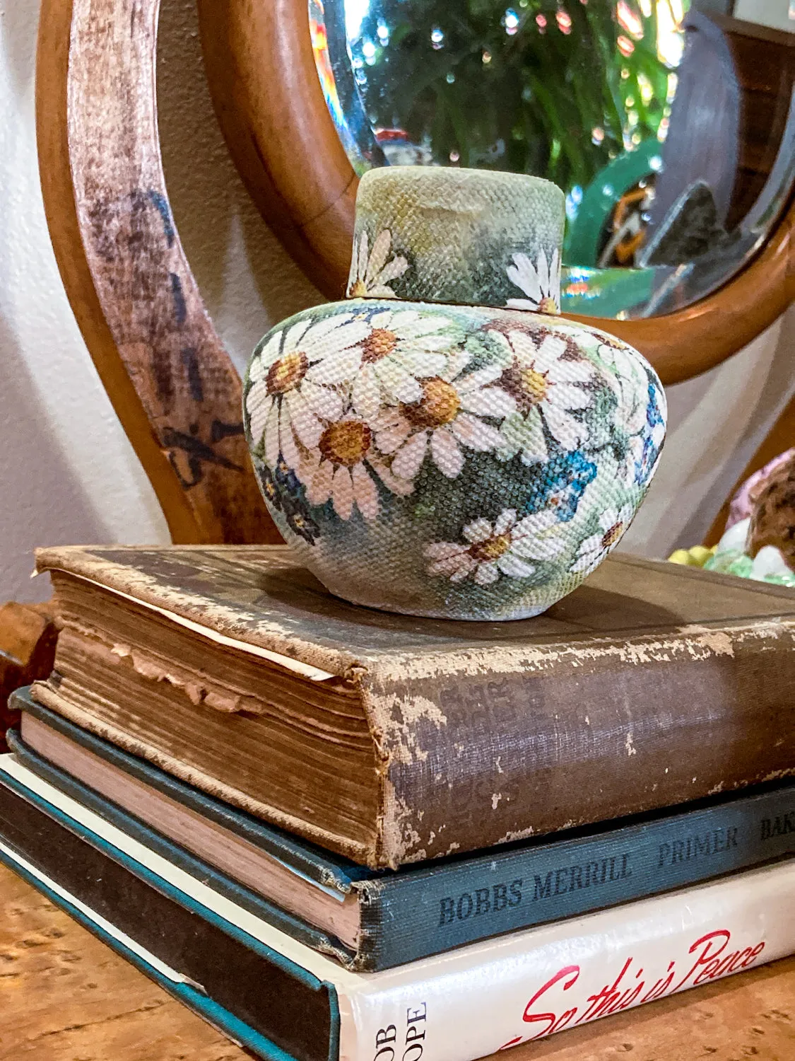 Vintage 1970 Daisy Painted Tapestry Porcelain Lidded Jar Art Pottery