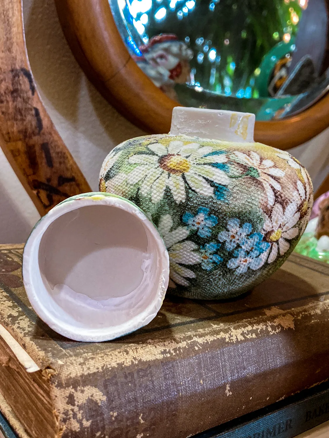 Vintage 1970 Daisy Painted Tapestry Porcelain Lidded Jar Art Pottery