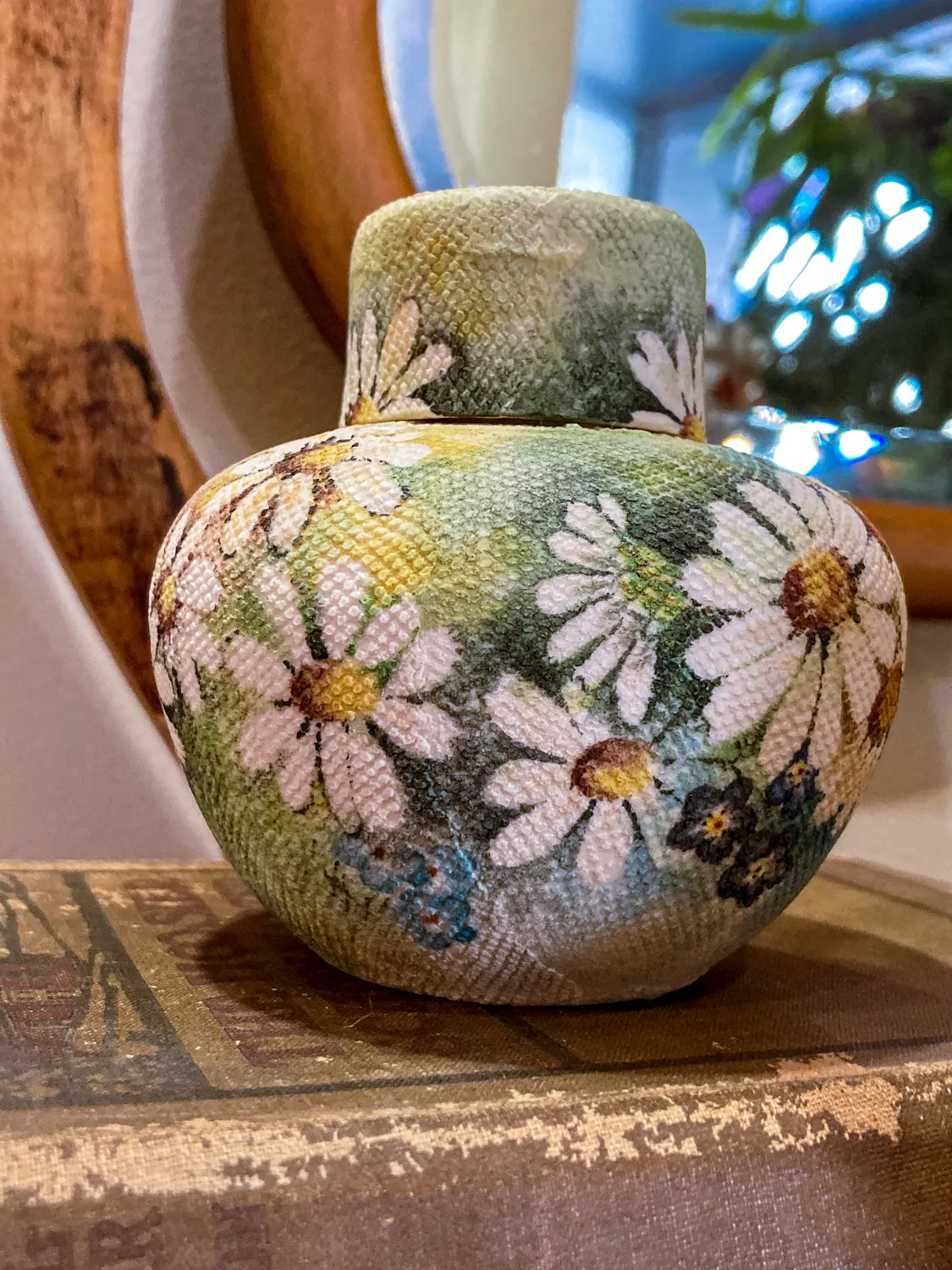 Vintage 1970 Daisy Painted Tapestry Porcelain Lidded Jar Art Pottery
